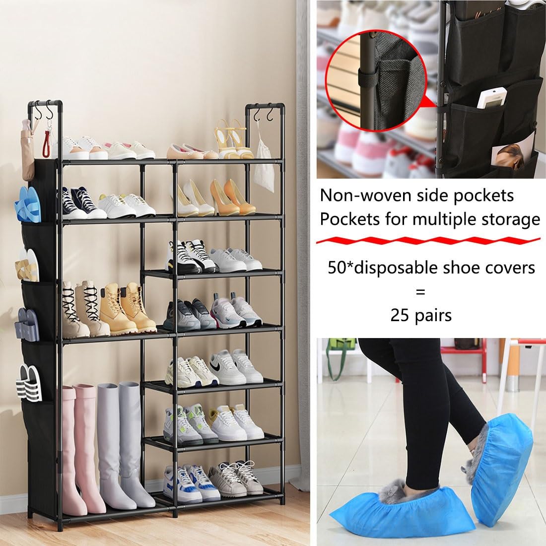 Scarpiera organizer – Mensola autoportante con tasche laterali e copriscarpe usa e getta, facile da montare, design salvaspazio