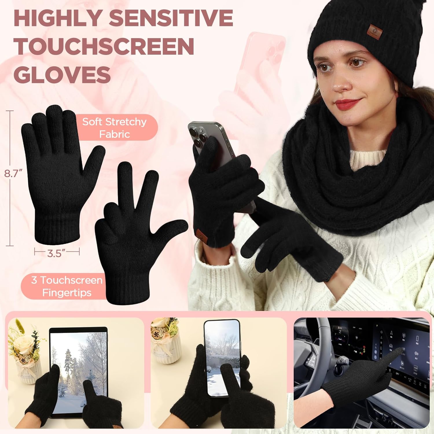 Womens Beanie Hat Infinity Scarf Touchscreen Gloves Fleece Headband 4 in 1 Winter Clothes Set Gifts for Women - Image 4