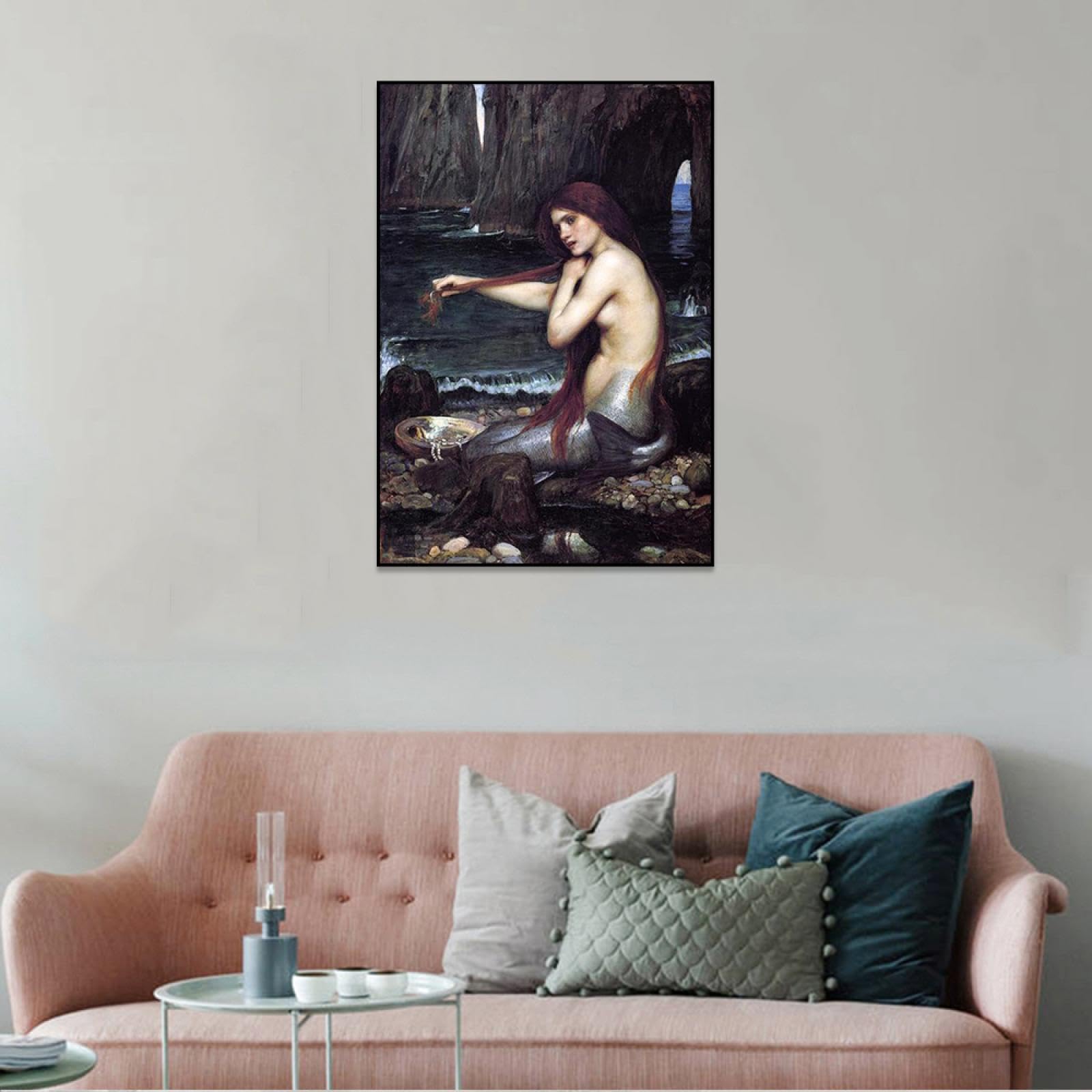 Phyrek123 Una sirena de John William Waterhouse giclée impresión sobre lienzo Cuadros famosas carteles arte de pared de lienzo para dormitorio 30x45cm Enmarcado negro