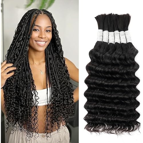 Human Braiding Hair for Boho Braids Deep Wave Bundles Human Hair 150g 6 Bundles/Pack 14 Inch Bulk Boho Hair for Braiding 12A Brazilian Curly Boho Braids Human Hair Braiding Hair Natural Color