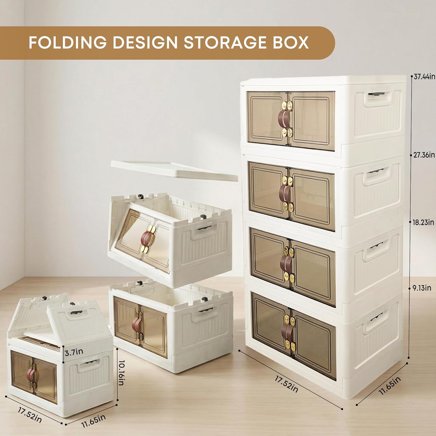 MOONEDGE 140QT Stackable Plastic Storage Bins with Lid & Handles, Foldable Collapsible Closet Organizer with Magnetic Doors and Side Locking, 4 Tier for Living Room, Office, Garages