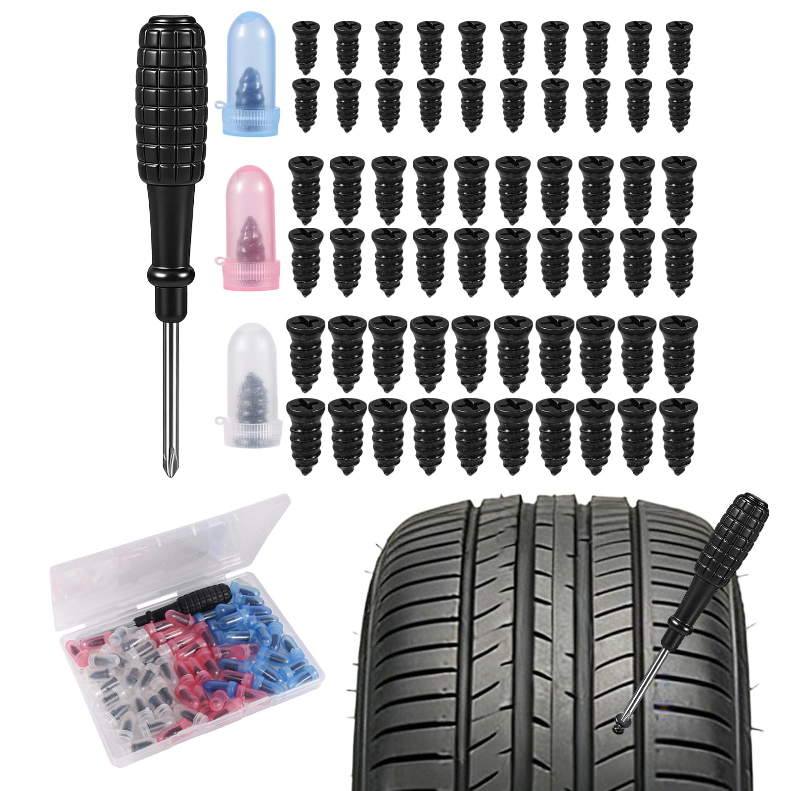Oumers 60pcs Screws Tire Repair Rubber Nail Kit, 3 Sizes Tire Repair Kit Self-Service Tyre Repairs Plugs Screwdriver Kit Tyre Puncture Repairs Screws Car Motorcycle Truck Puncture Rubber Nails