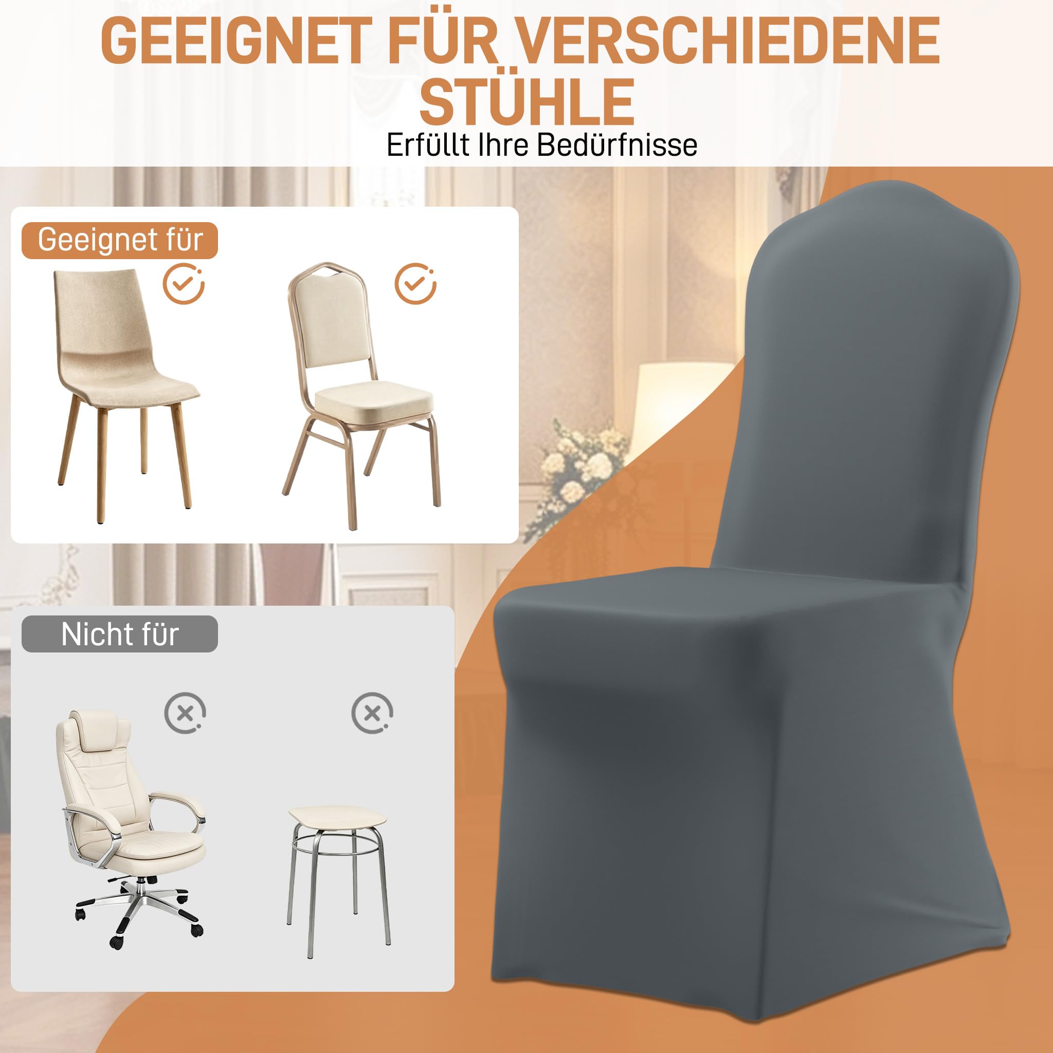 AufuN Stuhlhussen Stretch 50 Stück Elastische Stuhlbezüge für Bankettstühle ohne Armlehne Universell Moderne Stuhl Husse Abnehmbarer Waschbarer, Ideal für Hochzeit, Party, Gastronomie, Grau