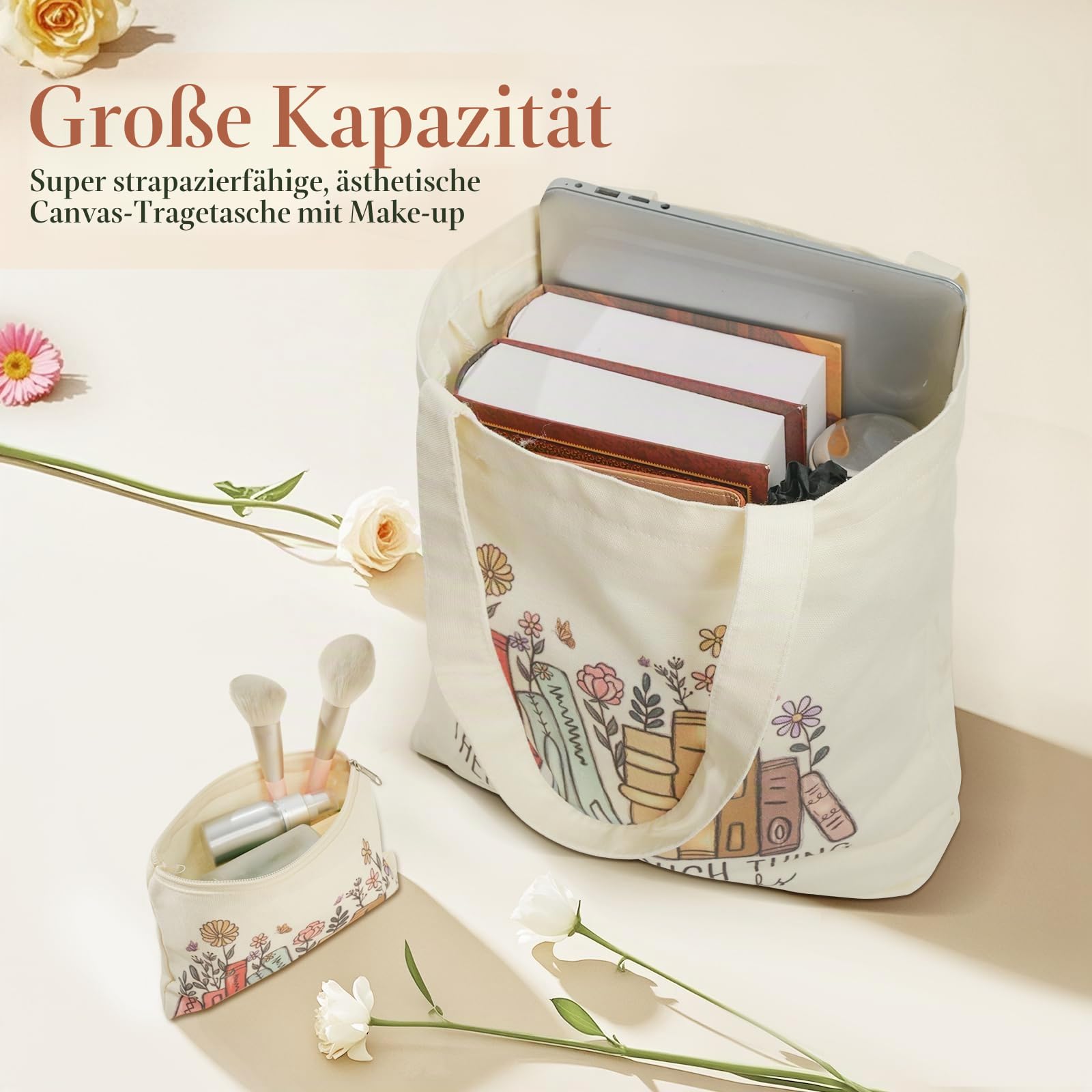 BROADREAM Canvas-Tragetasche für Mädchen, große Umhängetasche mit Reißverschluss und Kosmetiktasche