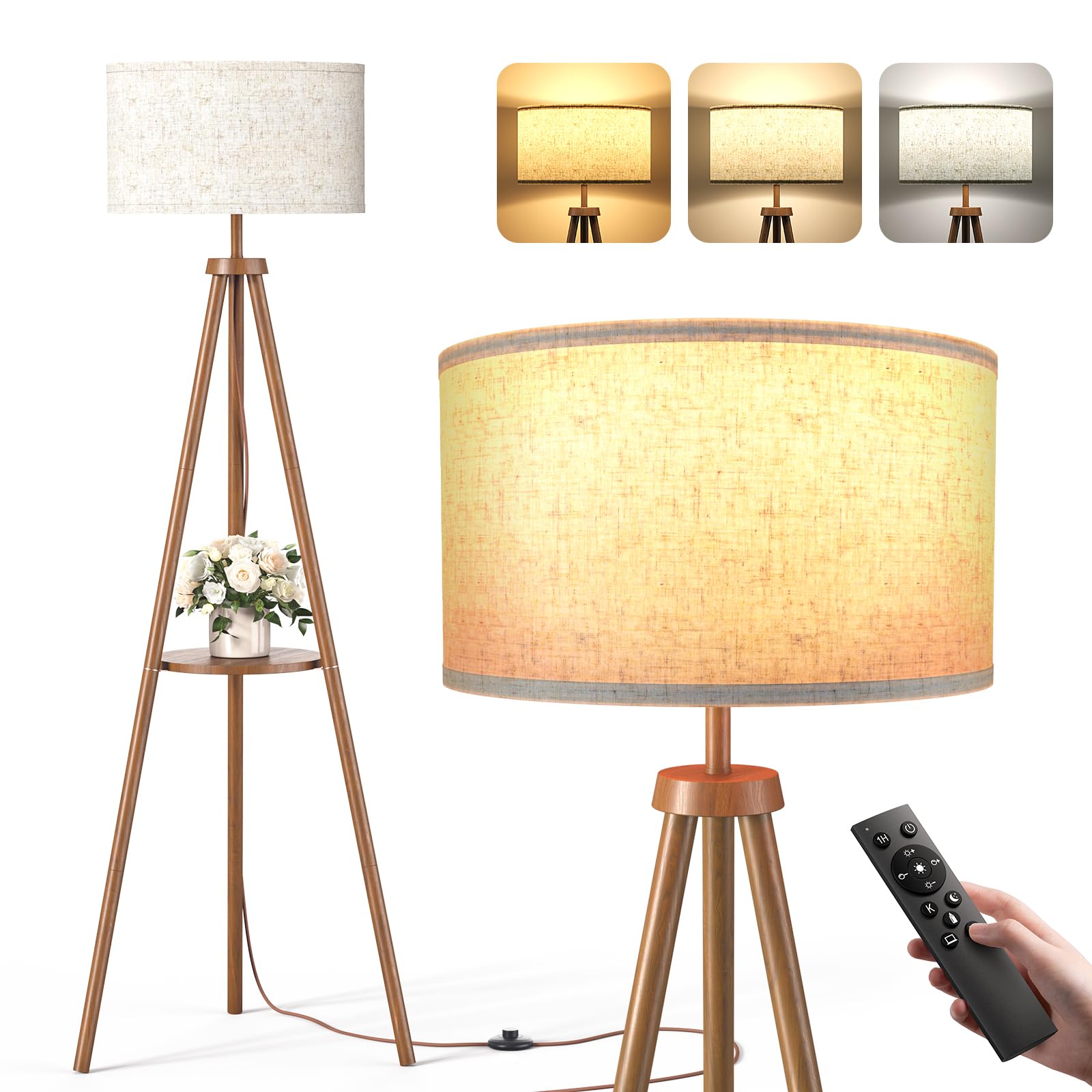 Tripod Floor Lamp with Storage Shelves - 12W Solid Wooden Standing Lamp with E27 Bulb & Remote Control, Corner Lights for Living Room, Bedroom, Dark Brown - Round Shelf