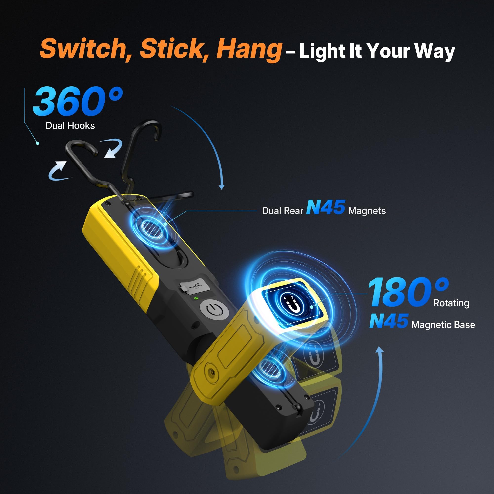 Lampada da officina a LED magnetica, 6000 mAh, luce per vano motore con 5 modalità di luminosità, ricarica rapida USB-C, impermeabile IP54, lampada da lavoro a LED con gancio per officina, riparazione