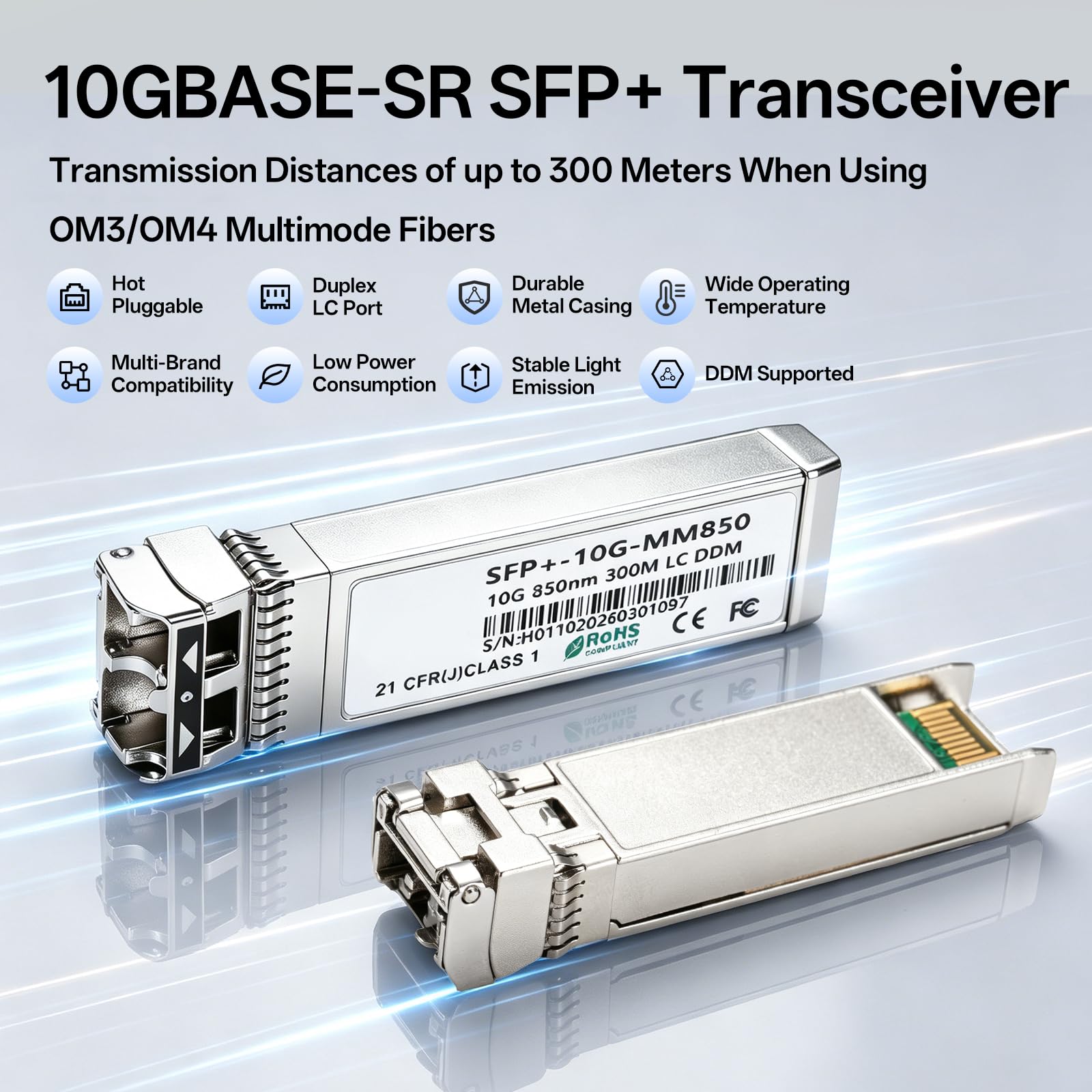 10Gb SFP+ SR Multimode Modul, 10GBase-SR LC Transceiver mit Maxim Chip, 850nm, bis zu 300m, Kompatibel für Cisco SFP-10GSR,Meraki, Mikrotik S+85DLC03D, Ubiquiti UniFi, Netgear, Zyxel, D-Link, TP-Link