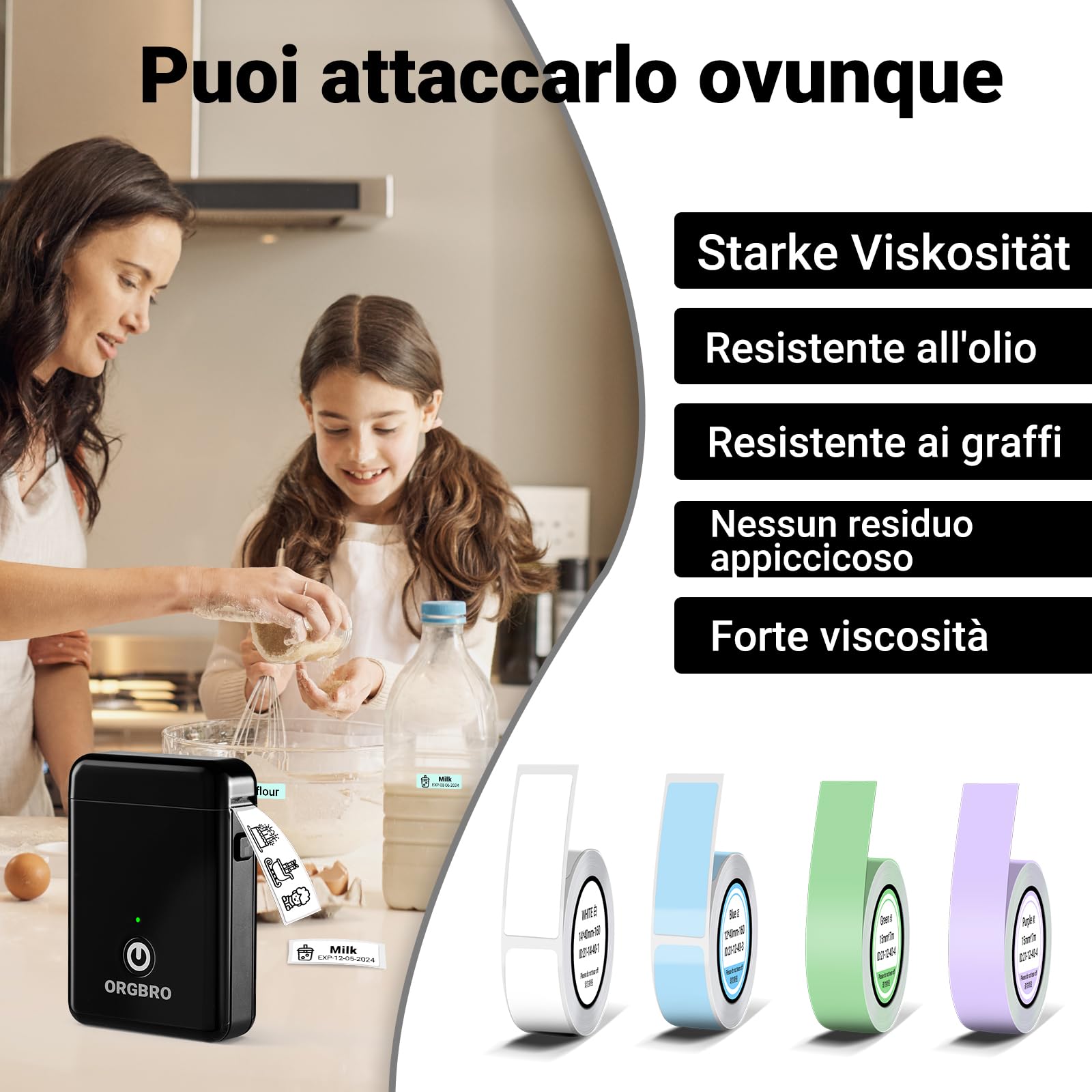 ORGBRO X1 Etichettatrice Termica Portatile Bluetooth - Mini Stampante per Etichette Adesive Senza Inchiostro/Cartucce con 1 Rotolo Incluso, Compatibile con iOS/Android per Casa, Ufficio (Nero)