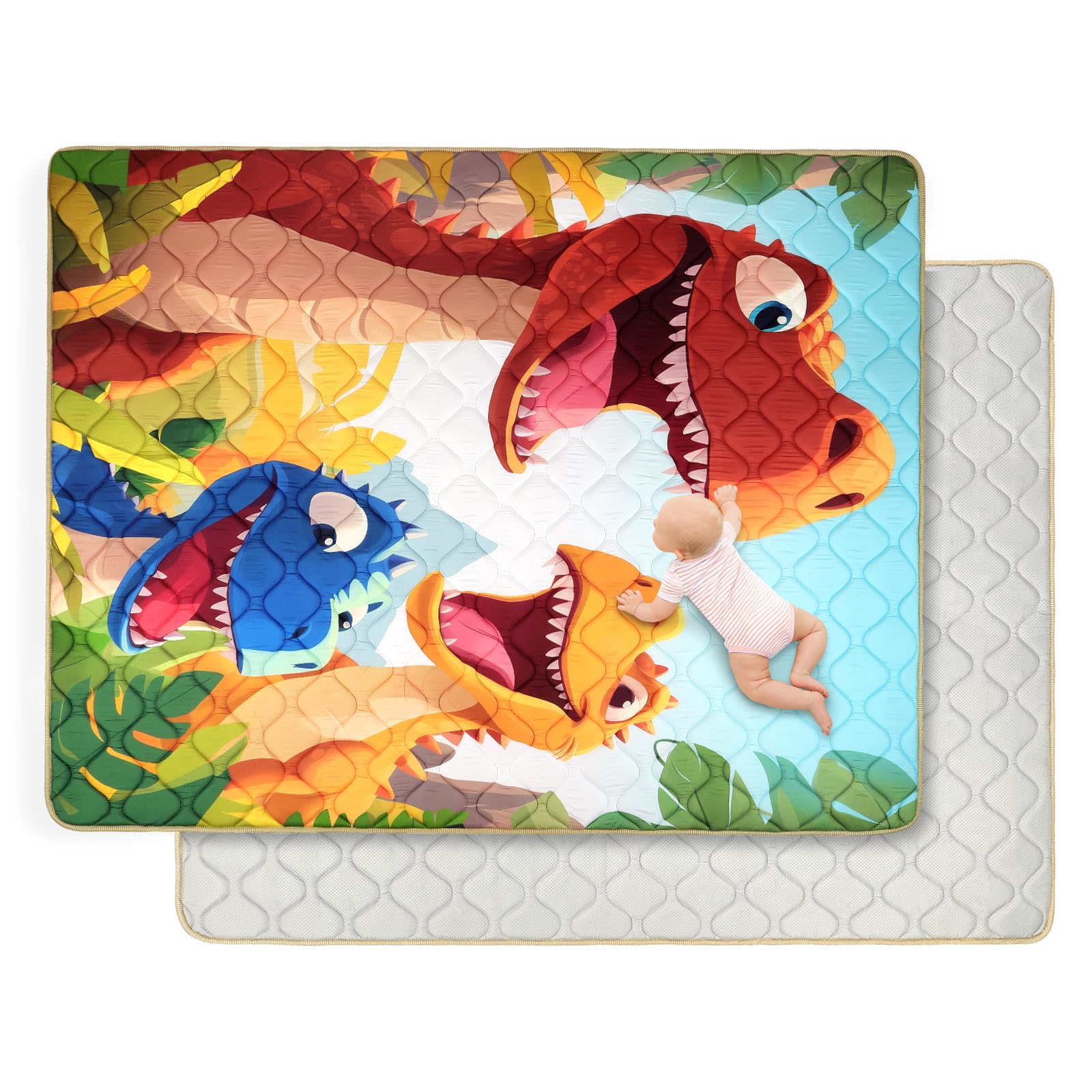 Alfombra Bebe 150×180 cm Plegable, Espesar 2cm Alfombra Juegos Bebes Antideslizante, Tapete de Actividades Bebe Alfombras de Gateo Apto para Interior/Exterior/Valla (Tres Dinosaurios)