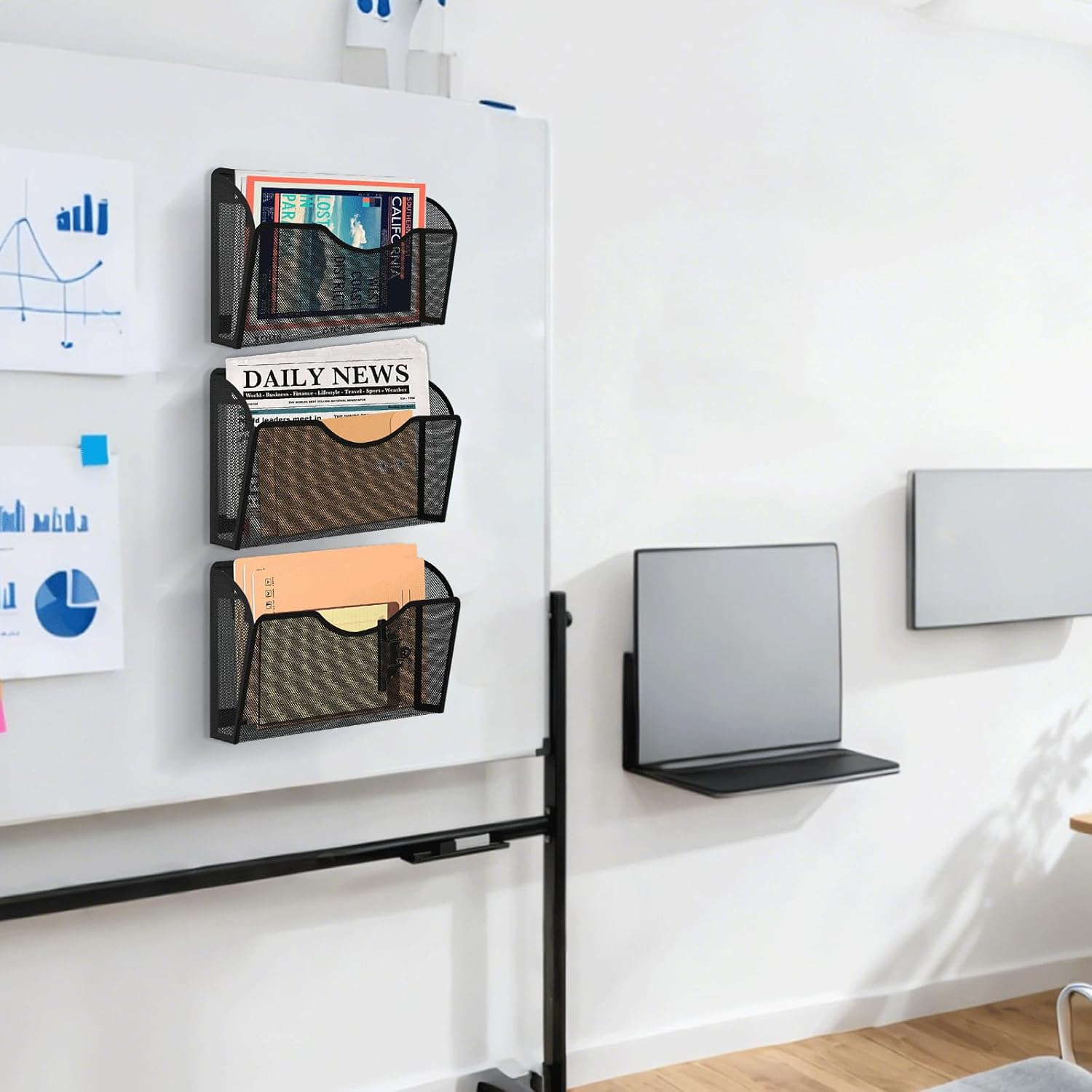 6 Pack Magnetic File Holder, Magnetic Pocket Wall File Holder, Mesh Wall Paper Organizer, Vertical Mail Basket, Storage Organization Magazine Rack for Office, Home and School