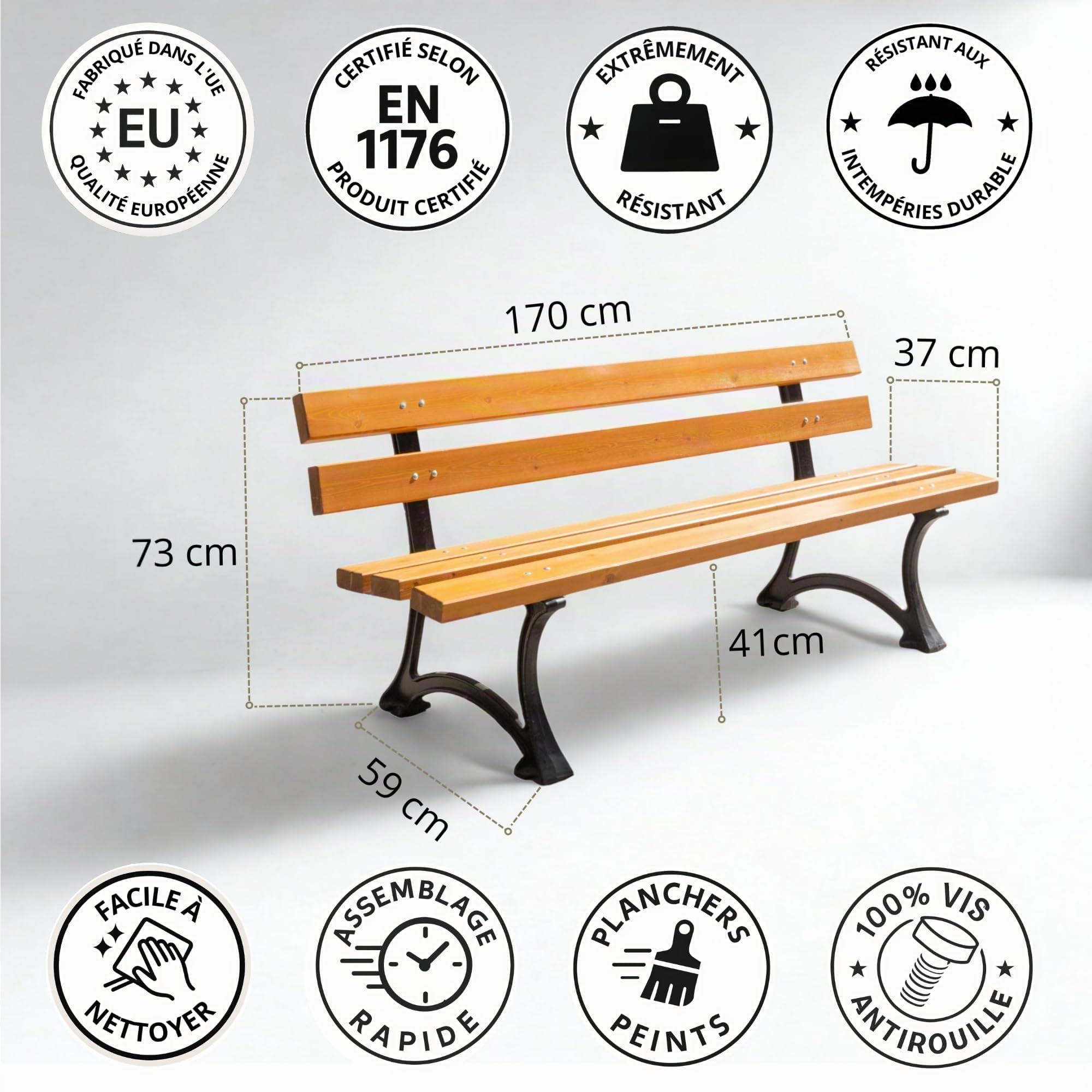 REKORD Banc de Jardin 170 x 59 x 73 cm Banc d’extérieur Robuste en métal et Bois avec Dossier résistant aux intempéries pour Parc terrasse et Avant-Cour – Lodzka – Teck