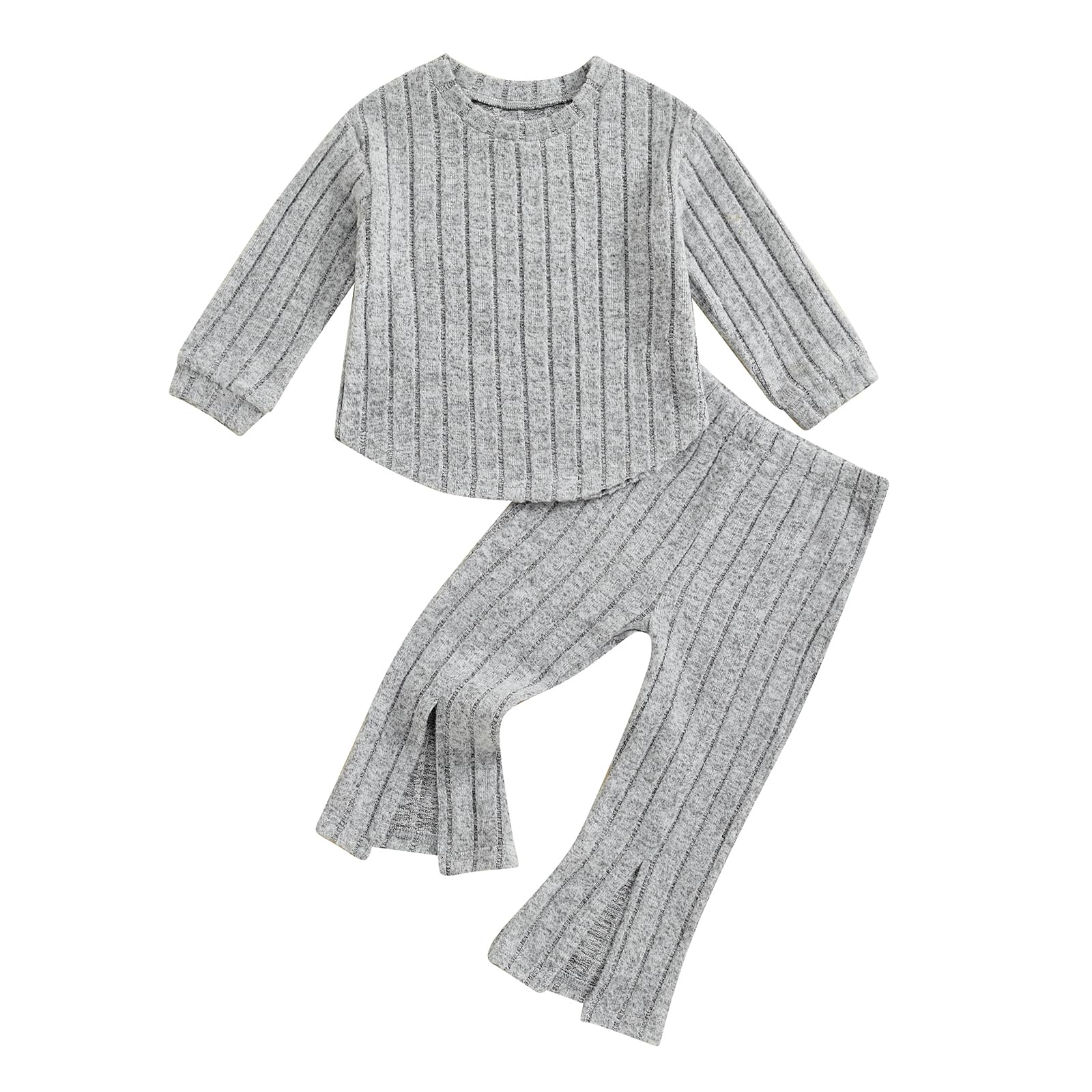 Toddler Baby Girl Clothes Solid Color Long Sleeve Ribbed Sweatshirt Tops Flare Pants Fall Winter Outfits (Gray, 18-24 Months)