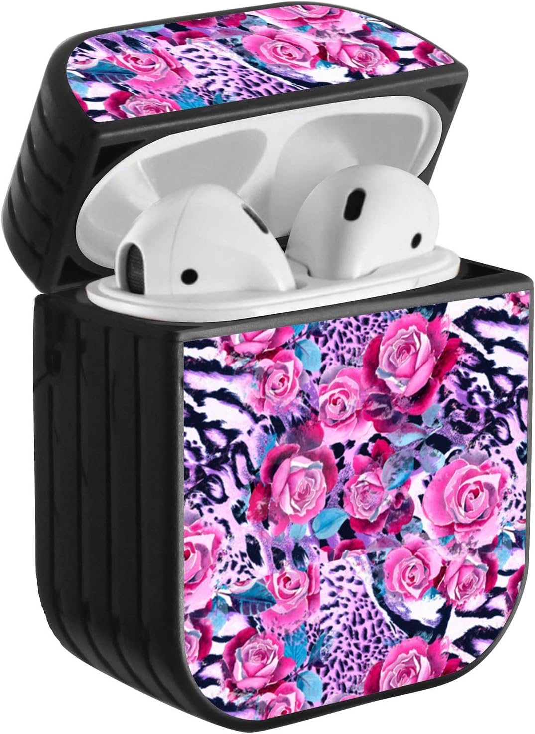 Shockproof Portable Protective Hard Printing Pattern Cover Case with Carabiner Compatible with AirPods 2 & 1 / Pink Rose on Leopard Skin Imprint