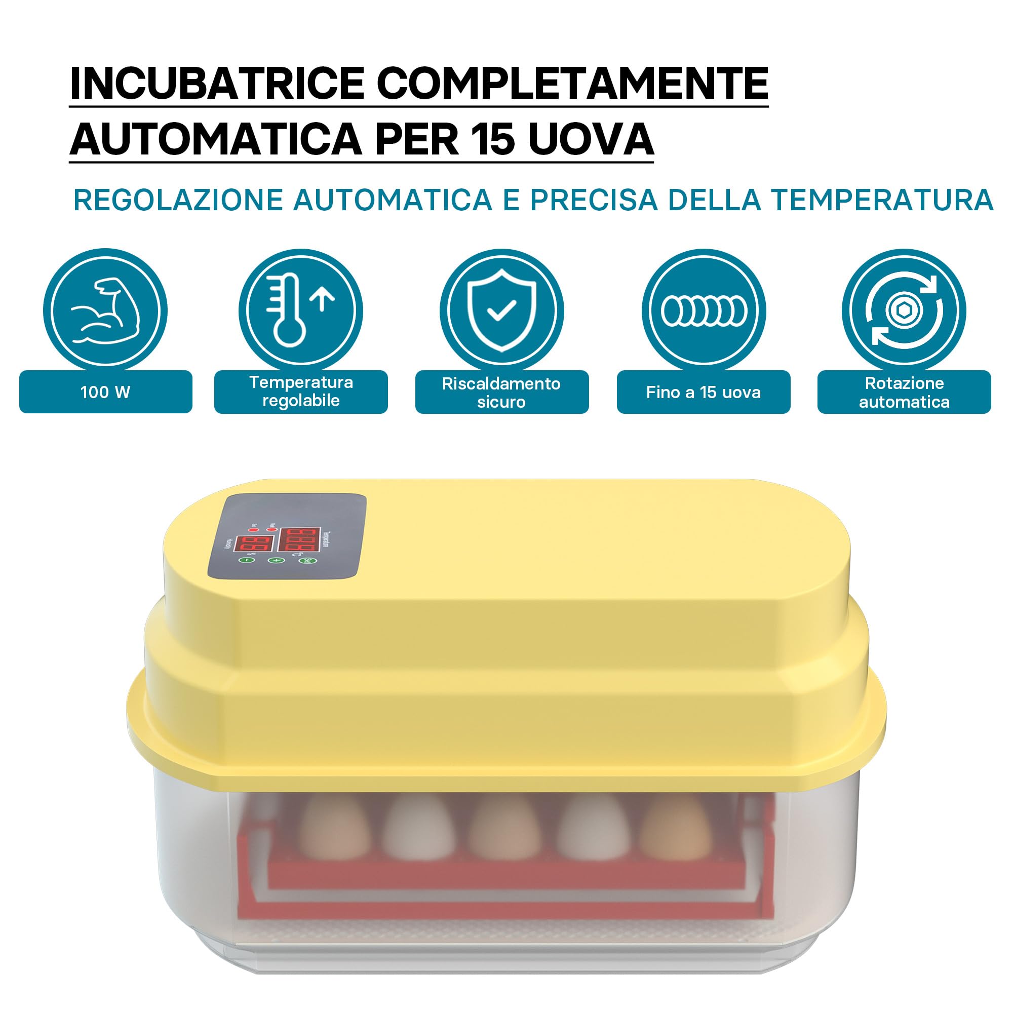 Wiltec Incubatrice automatica per 15 uova, con regolazione temperatura e umidità, Covatrice