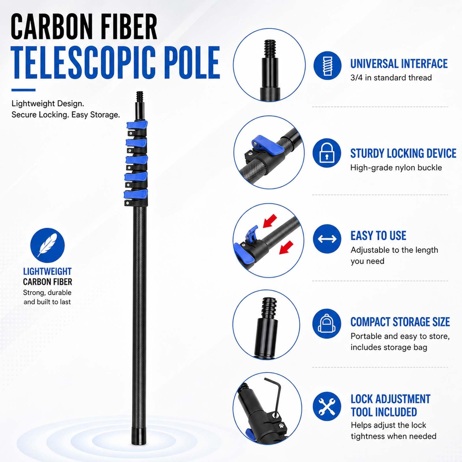 Spazzola Pulizia Telescopica Carbonio con Passaggio Acqua, Kit Manutenzione