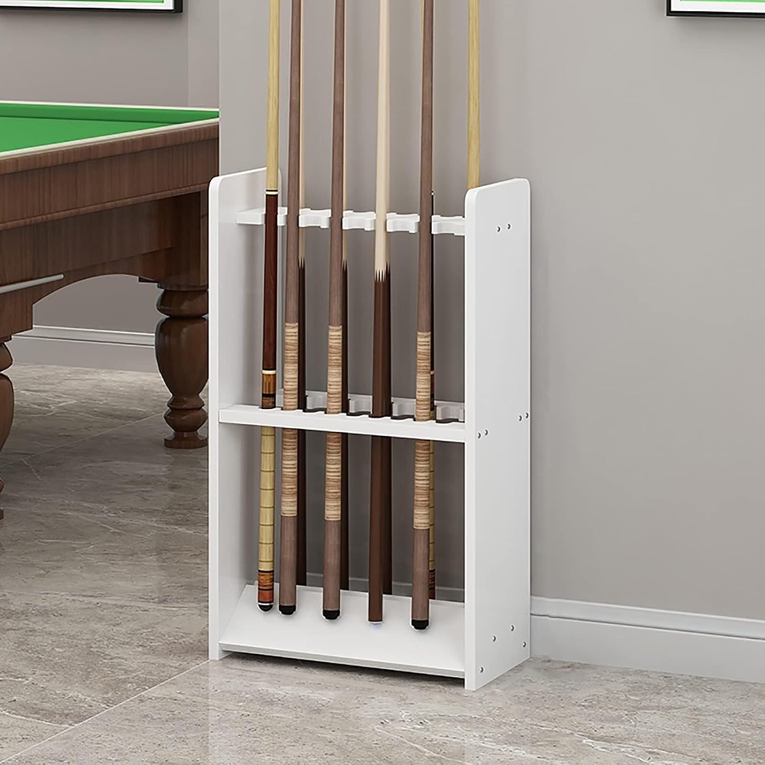 White Floor Pool Cue Rack – Wooden Heavy Duty Billiard Stick Holder, Large Capacity Storage Organizer for 24 Cues(18 sticks)