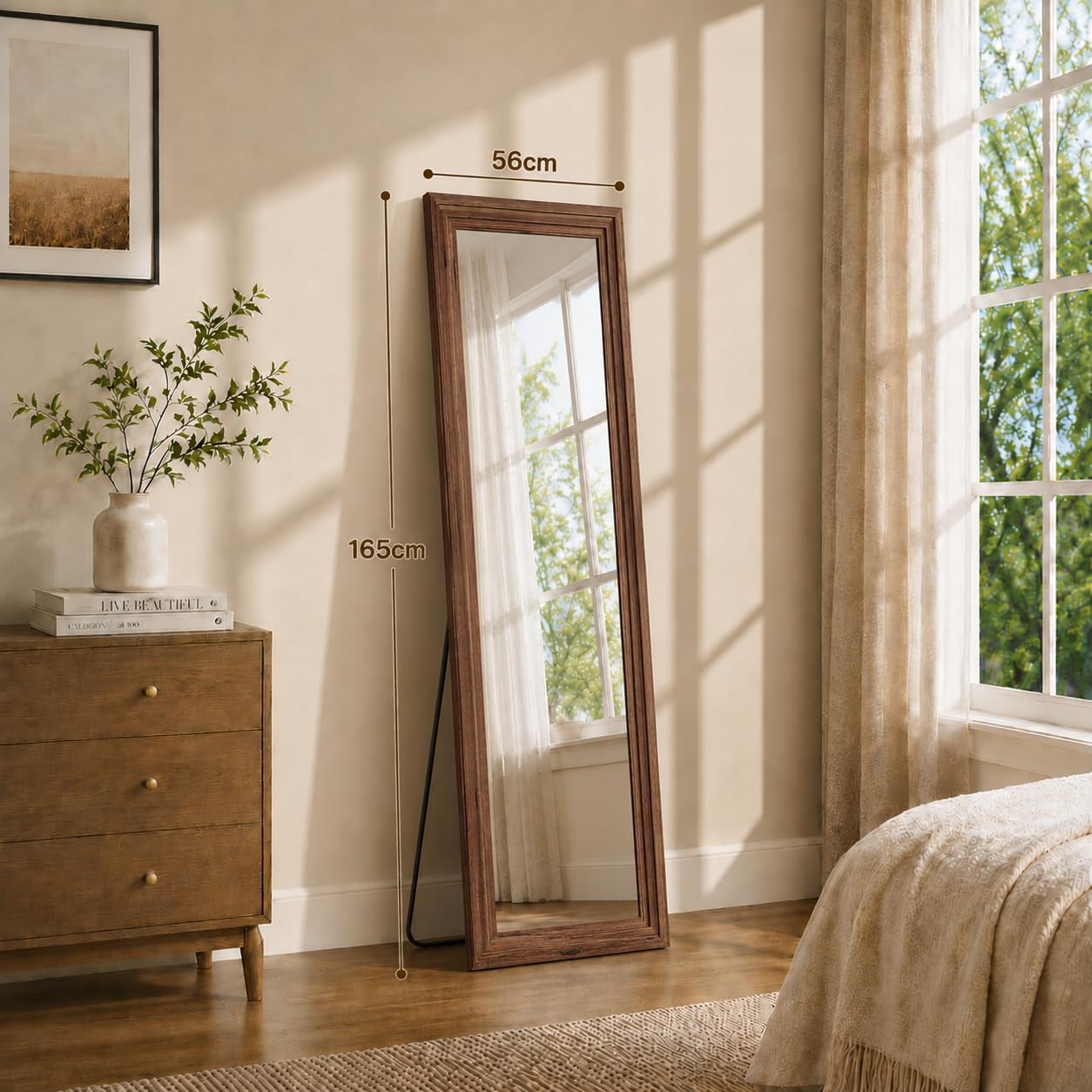 MAXEN Großer Ganzkörperspiegel 165x56 cm, Standspiegel & Wandspiegel mit Massivholz-Rahmen, Rechteckig, Bruchsicher, für Schlafzimmer & Wohnzimmer, Braun