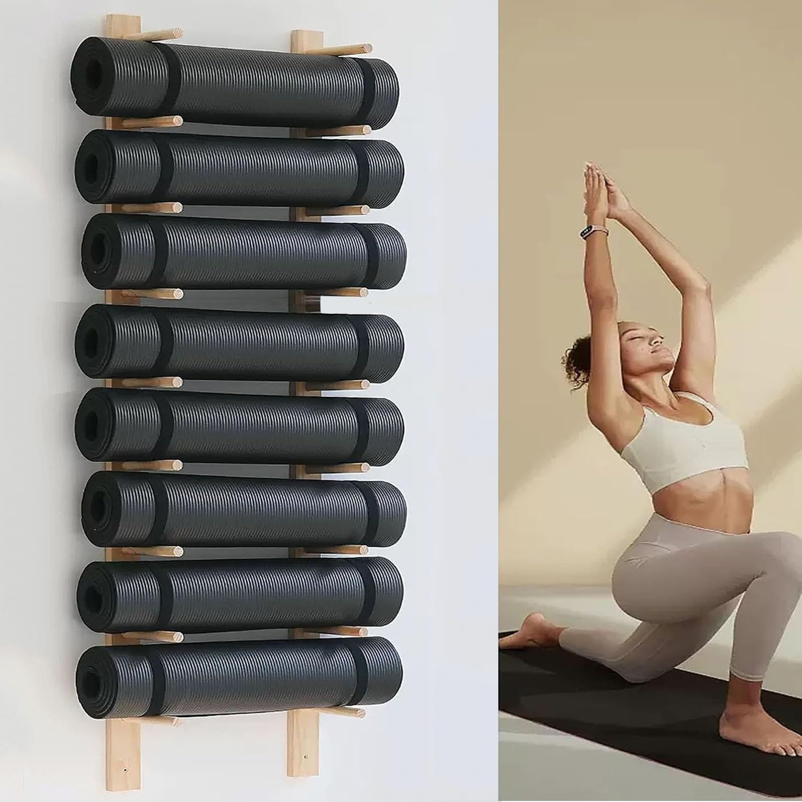 Drewniany uchwyt na matę do jogi z pływającą półką - organizer ścienny na siłownię, jogę, wałek piankowy, sprzęt fitness, rozwiązanie oszczędzające miejsce