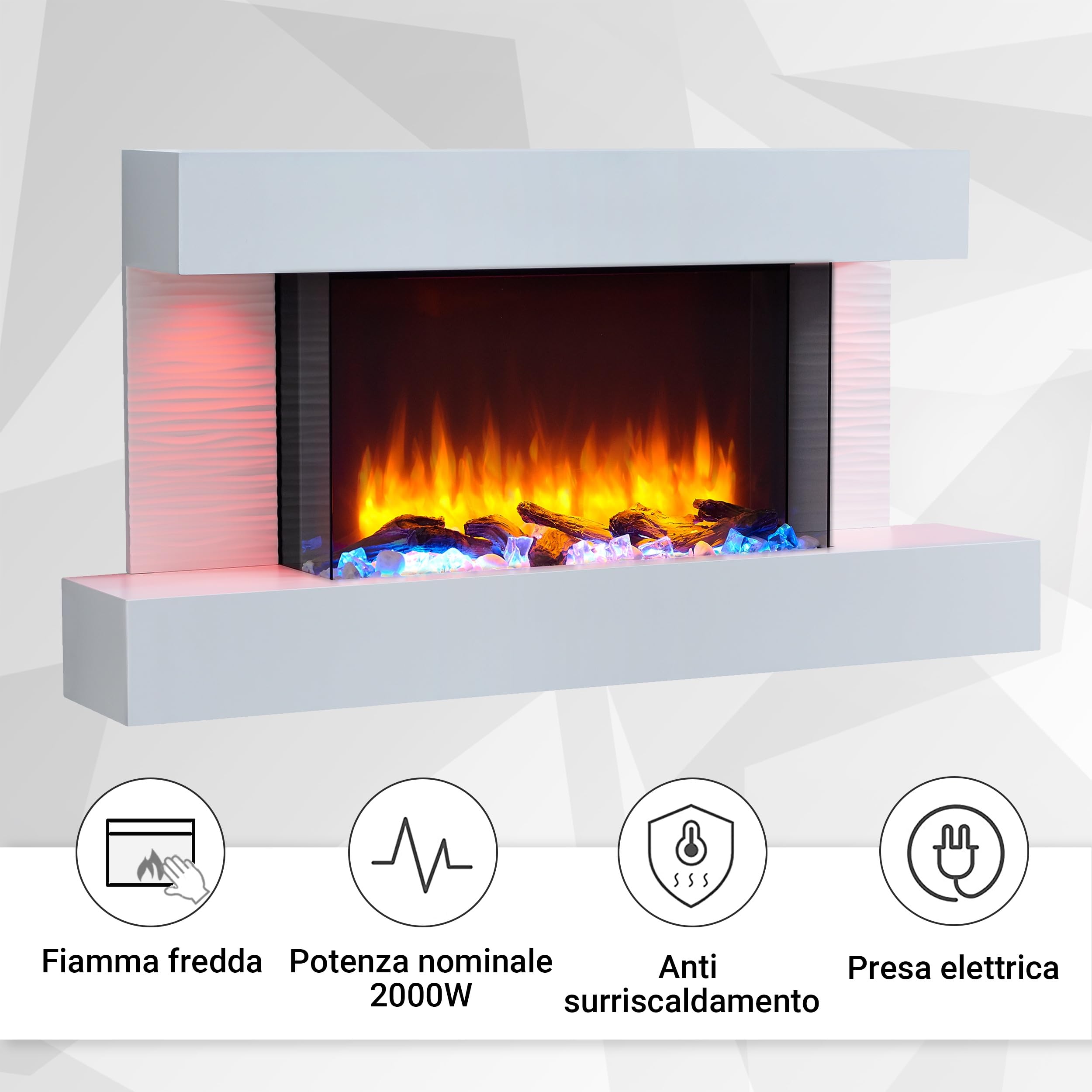 BALDERIA Camino Elettrico Aieda | Caminetto da Parete con Effetto Fiamma 3D | Riscaldamento 2000 W | Focolare Sospeso con Telecomando, Timer, Termostato | Grigio