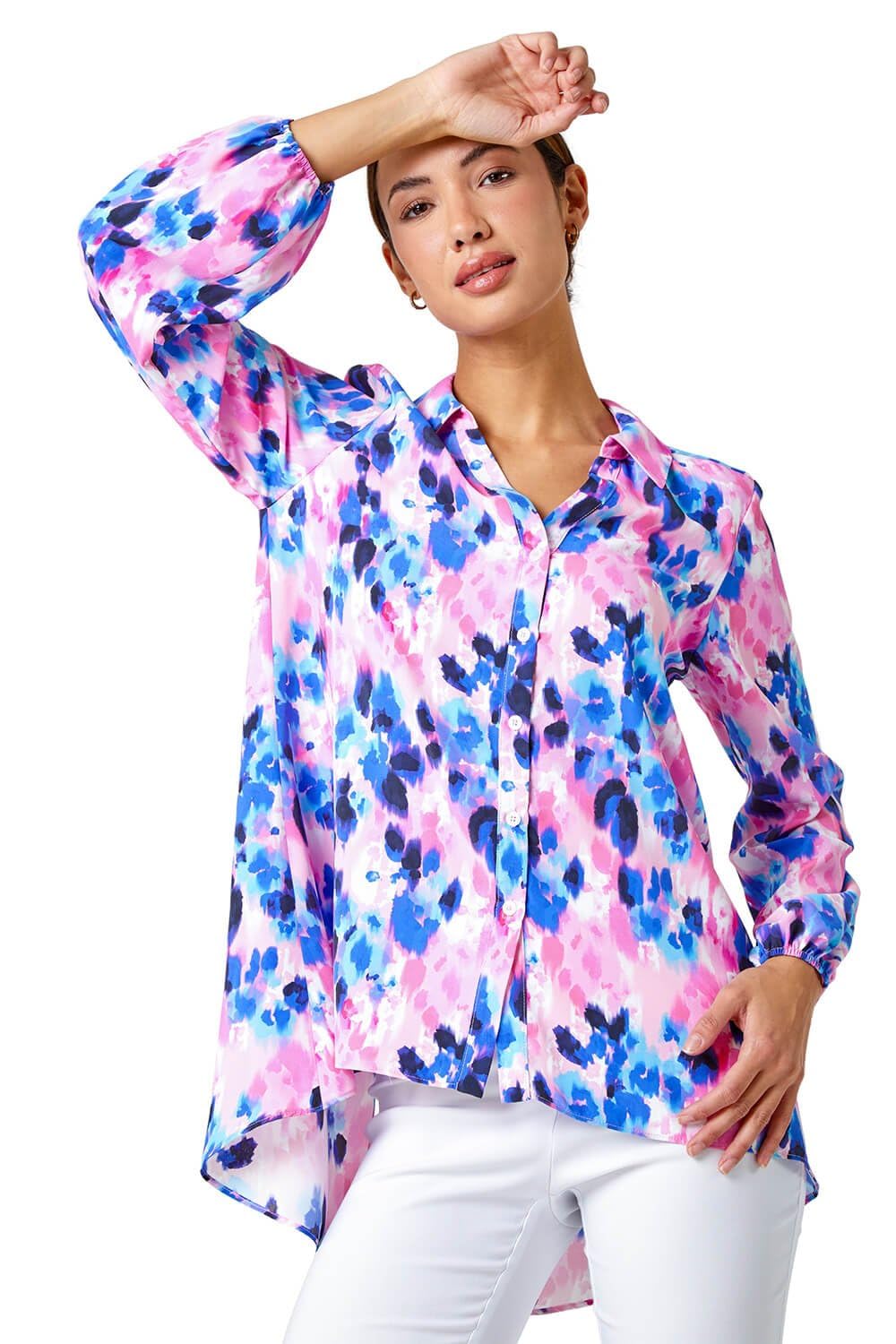 Roman Shirt for Women Ladies Cotton Blouse Button Through Tunic Printed Top Work Long Sleeve Smart Casual Going Out Work Office V Neck Everyday Evening Event - Pink Blue - Size 12