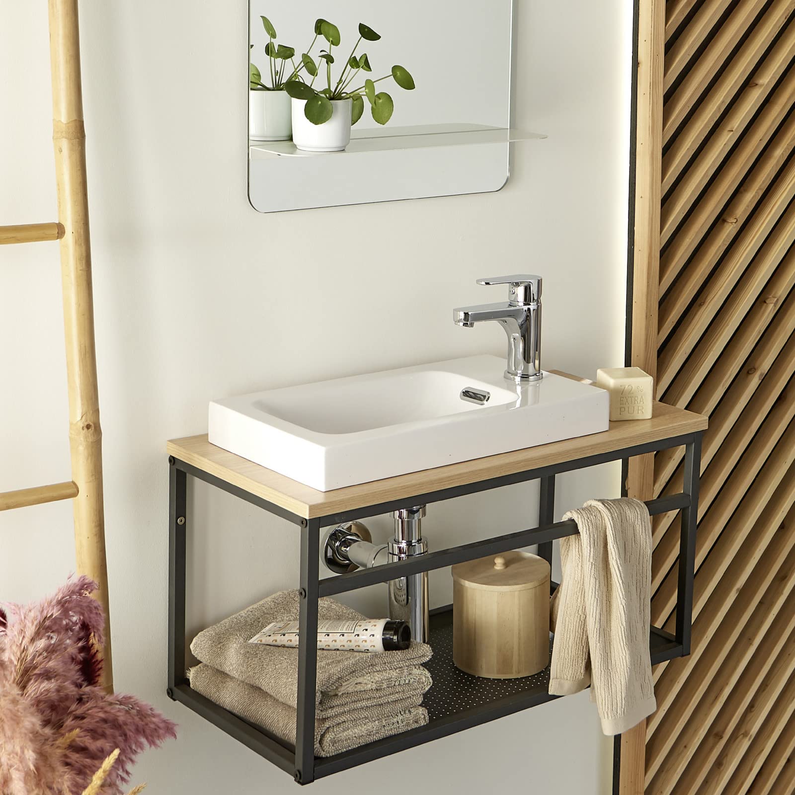 Mueble para lavamanos de madera y metal con lavabo blanco Will