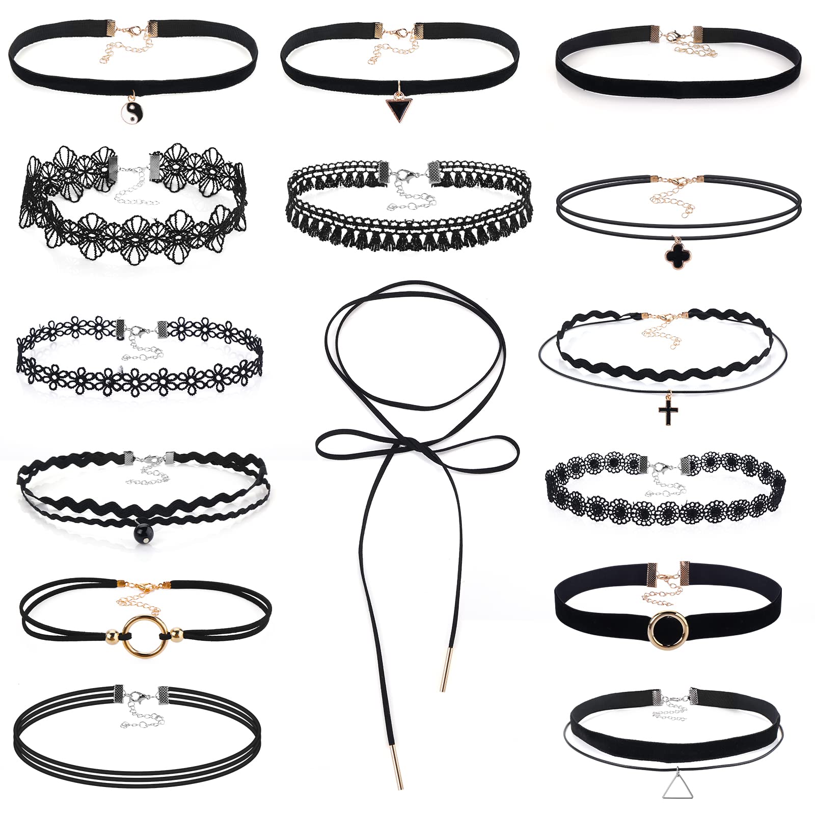 ASTER Zestaw 15 czarnych naszyjników typu choker, dla kobiet, dziewcząt, gotycki kołnierz, koronka, Halloween, Boże Narodzenie