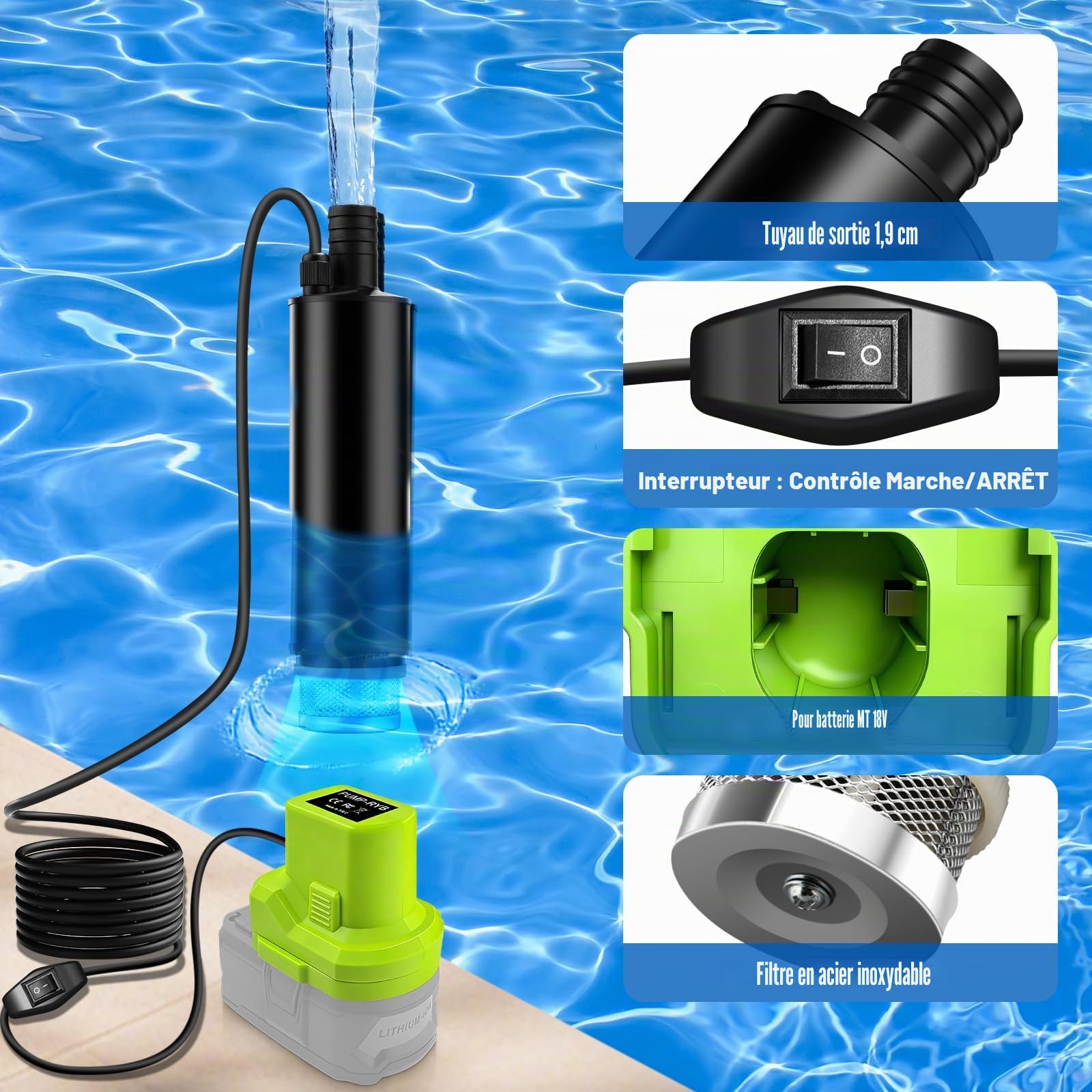 Pompe submersible 635GPH pour batterie Ryobi 18 V, pompe à eau sans fil avec filtre à sédiments, pompe de transfert 100 W, pompe à eaux chargées à haut débit pour piscine, jardin, baignoire
