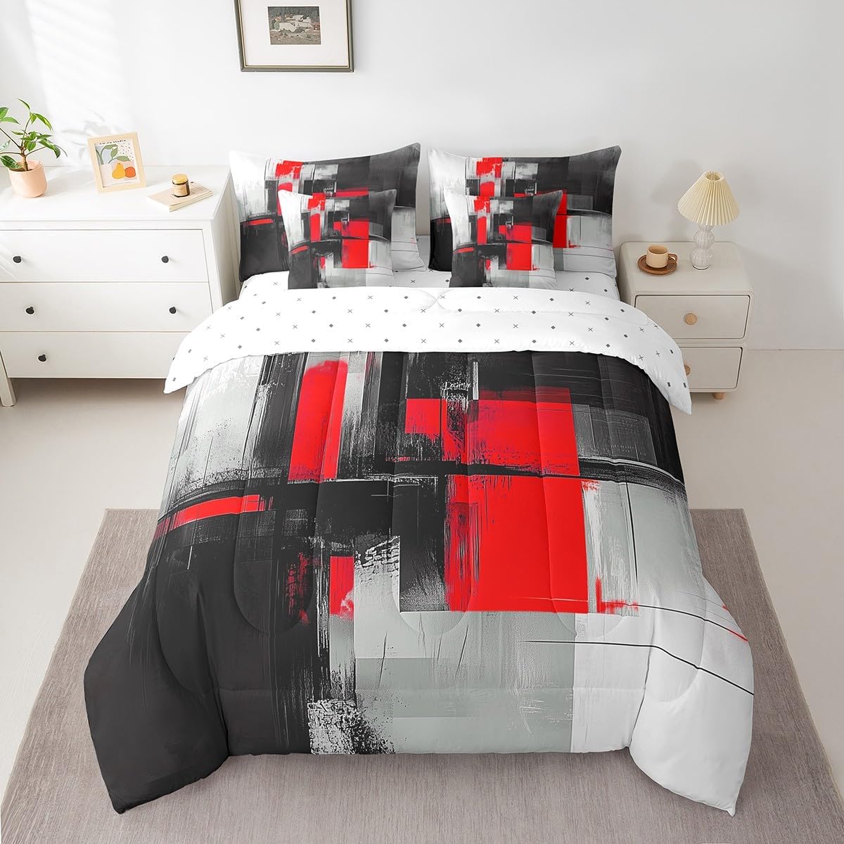 7 Pieces Geometric Comforter Set Queen Size, Abstract Lattice Bedding Set for Kids Boys Girls Room Decor, Yellow Black Grey Bed in a Bag with Comforter, Fitted Sheet, Flat Sheet and Pillowcases