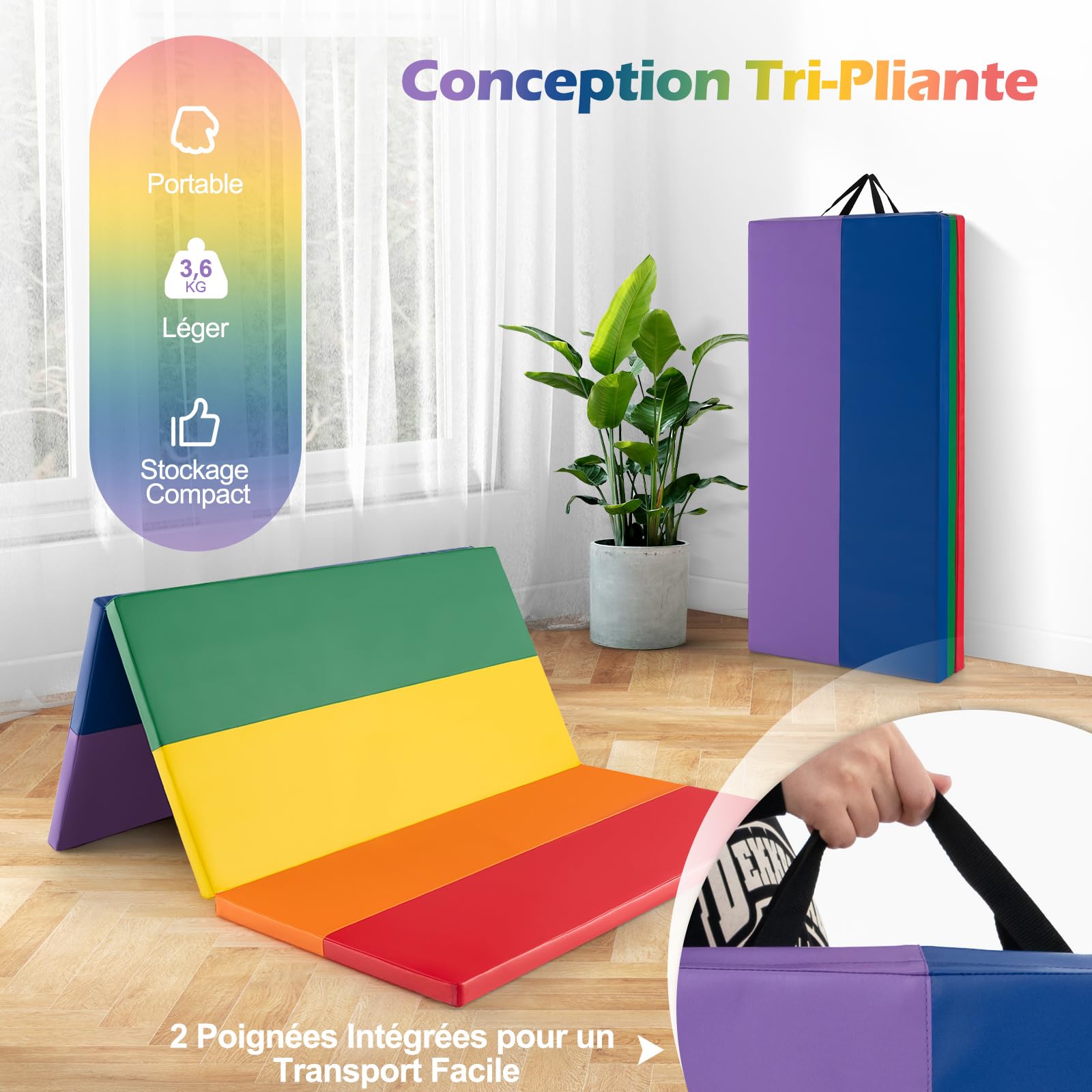 COSTWAY Tapis de Gymnastique Pliable Epais, Matelas d'Entrainement en Mousse et PU avec Poignées, pour Gymnastes Entraînements Yoga