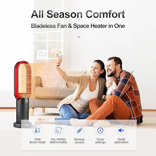 Miniatura 3 de Ocean Loong Combo de ventilador de torre sin aspas de 1500 W y calentador de espacio para el hogar con control remoto temporizador oscilación