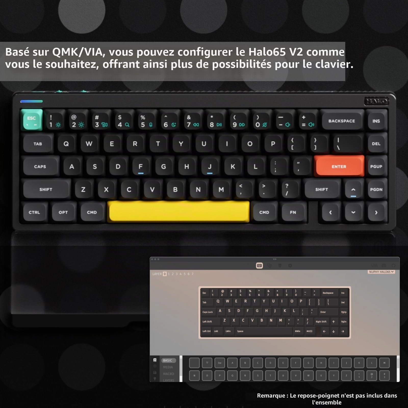 NuPhy Halo65 V2 - Clavier mécanique sans fil avec touches PBT, clavier personnalisé de jeu de 65% échangeable à chaud, compatible avec QMK/VIA, BT5.0/USB-C/2,4 GHz, Black-Raspberry Switches