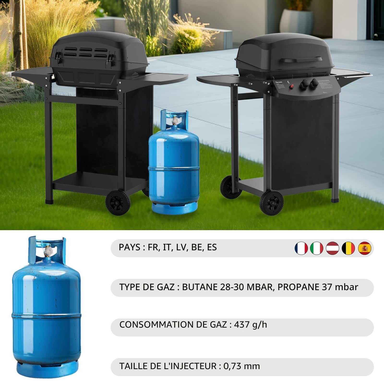 Topwish barbecue gaz, barbecues à gaz 2 brûleurs,plancha gaz exterieur,étagère rabattable en latéral, sur roulettes,6000W,106.44 * 55.6 * 103.85cm
