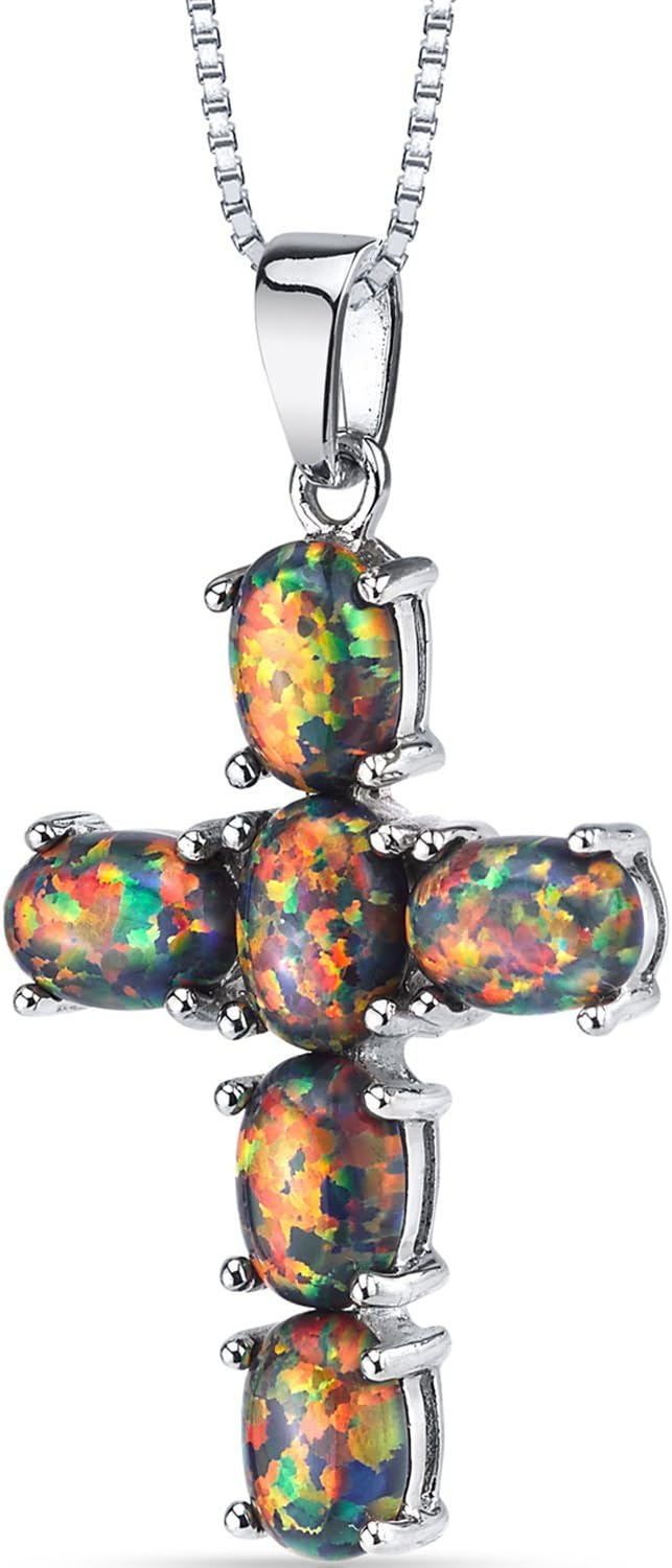 PEORA Created Black Fire Opal Cross Pendant Necklace for Women 925 Sterling Silver, 3 Carats total Oval Shape, with 18 inch Chain