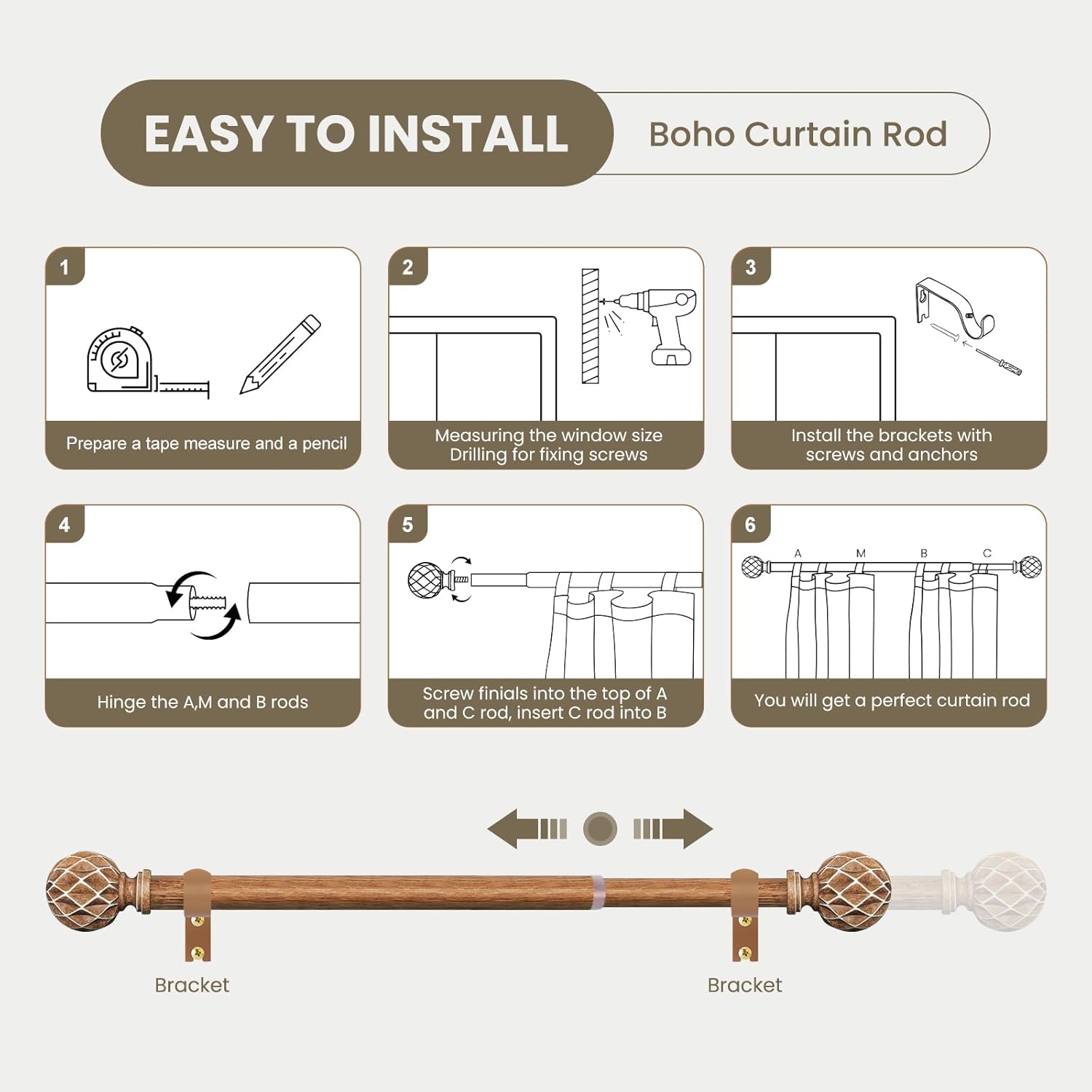 TKZTKZ Wood Curtain Rods for Windows 32 to 45:Boho Wooden Curtain Rod for Bedroom Livingroom Farmhouse 1 Inch Heavy Duty Adjustable Curtain Rod 2 Pack with Decorative Imitation Wood Grain Easy Install