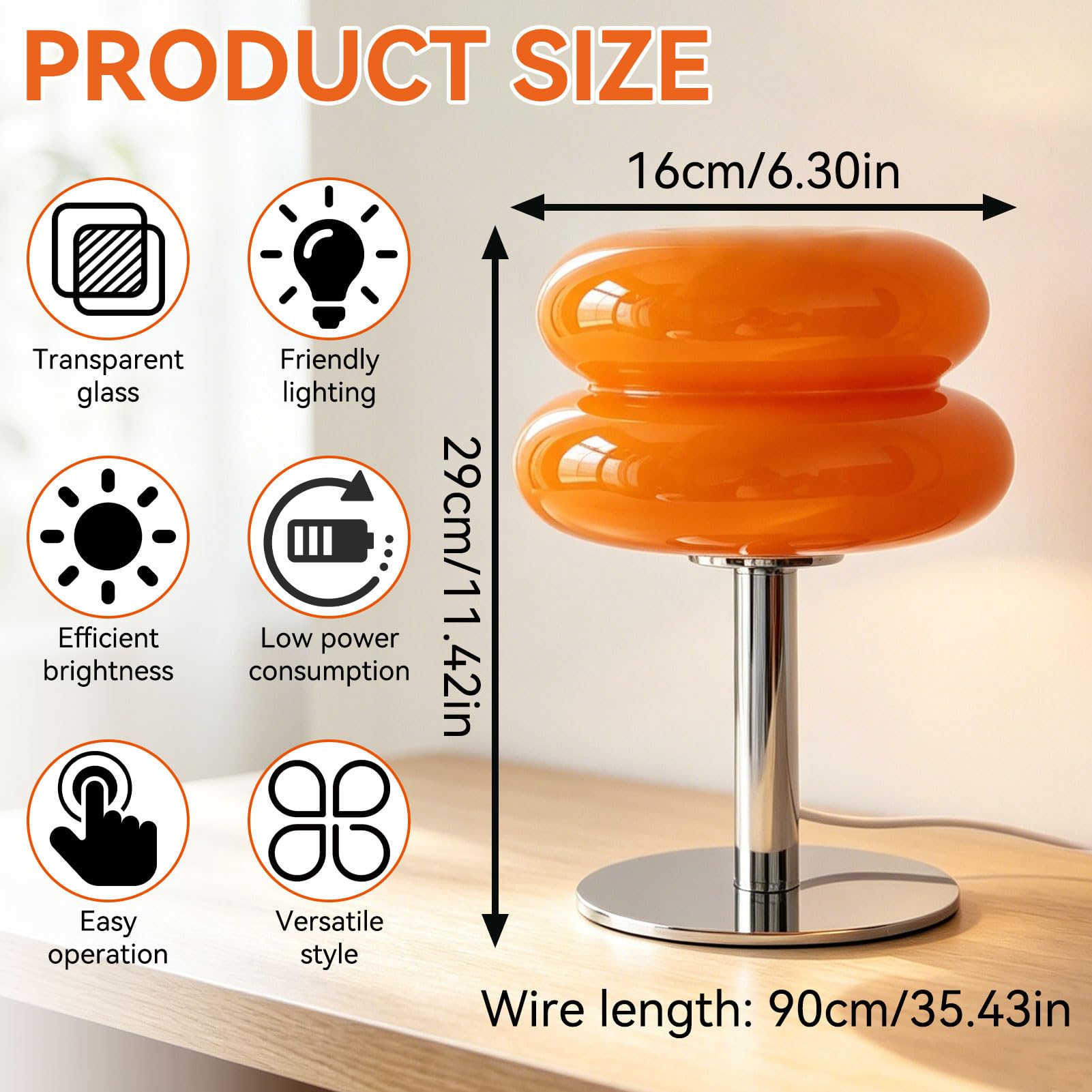 HERCHR Lámpara de seta, lámpara de mesa con forma de tarta de huevo de luz suave, de bajo consumo, bonita, de cristal, con conexión USB, para mesita de noche, dormitorio, sala de estar o (Naranja)