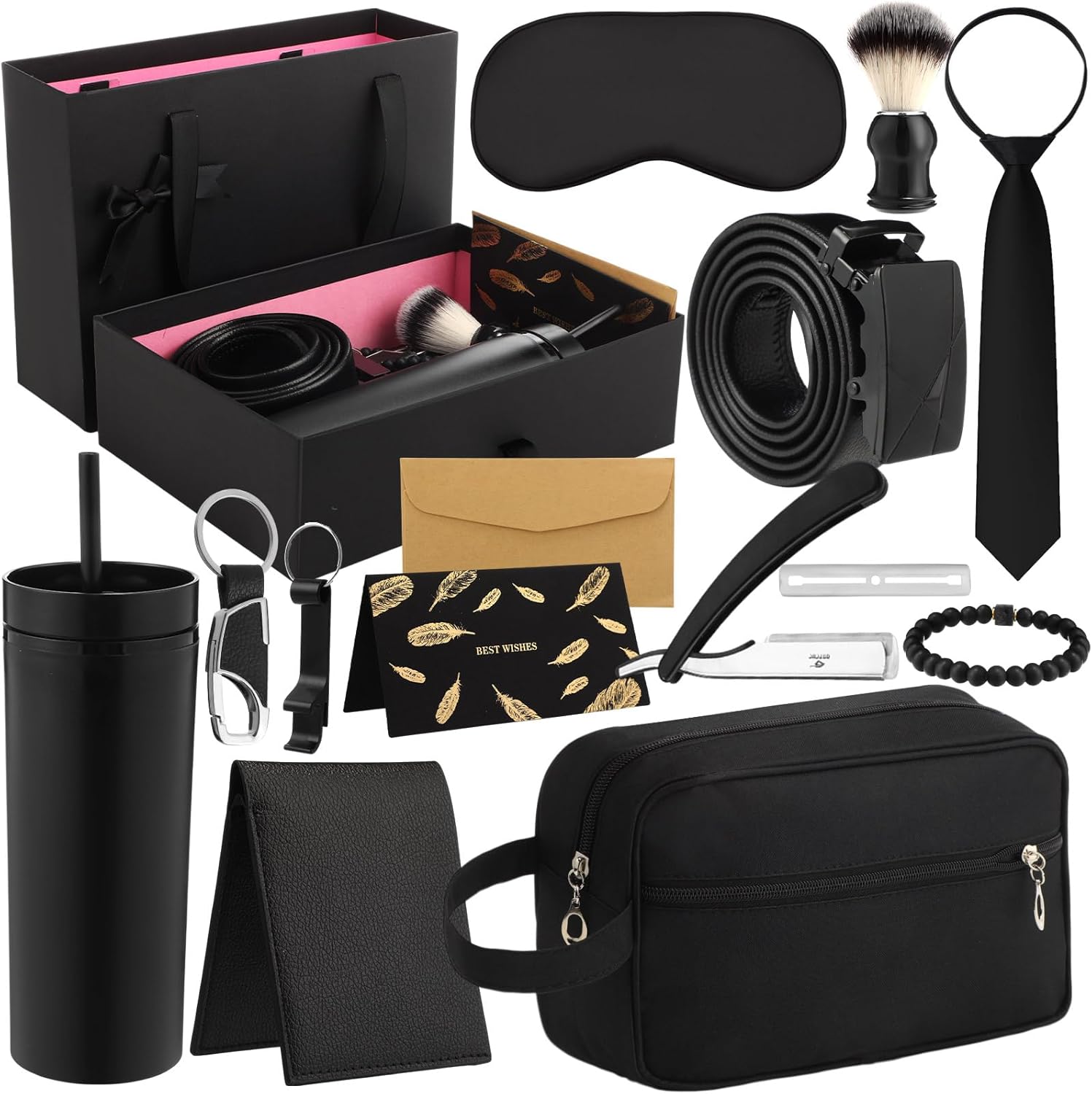 Tioncy 12 Pcs Birthday Gifts for Men Valentines Gift Basket Tumbler Bottle Opener Keychain PU Leather Wallet Tie Belt Bag Bracelet Eye Mask for Him Valentines Day for Dad Boyfriend Husband Brother