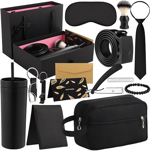 Tioncy Conjunto de 12 peças de presente de aniversário para homens, cesta de presente para homens, pai, inclui pulseira de copo, chaveiro, carteira, bolsa de higiene pessoal, cinto, barba, escova de
