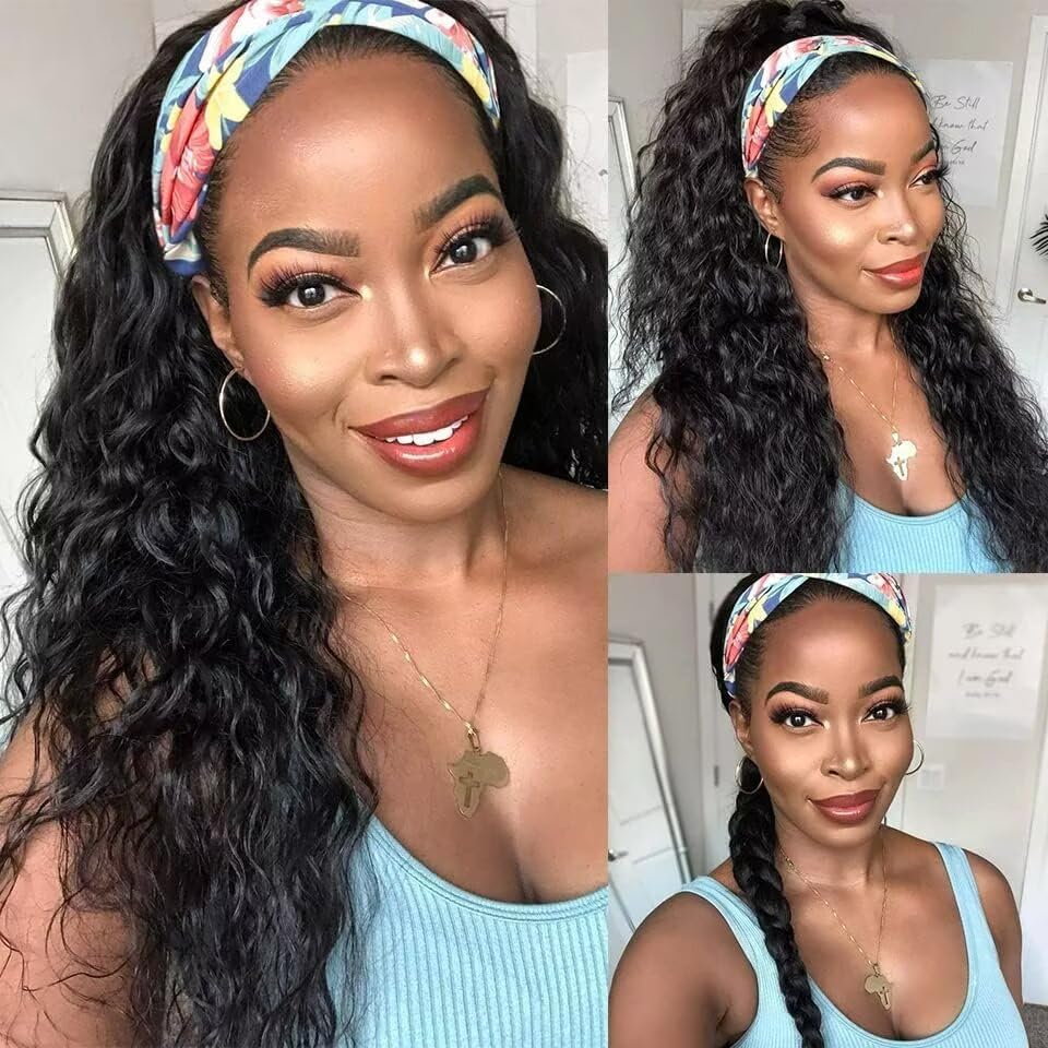 Headband Human Hair Wigs for Black Women 16 Inch Curly Wig Glueless Wigs with Band Brazilian Virgin Wear and Go Water Wave Half Wig No Lace Front Hair - Image 2