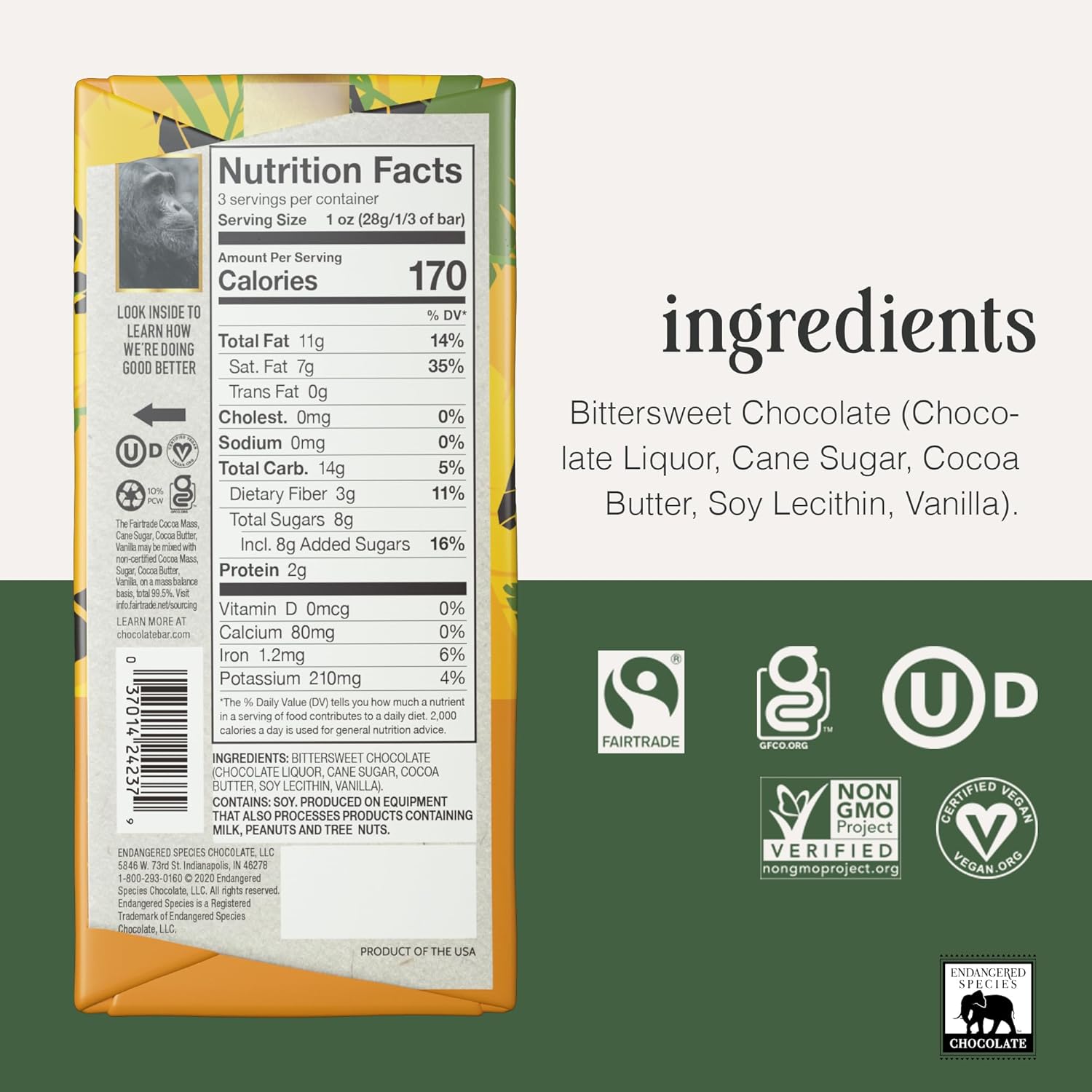 Endangered Species Chocolate Chimpanzee, Natural Dark Chocolate (72%), 3-Ounce Bars (Pack of 12)