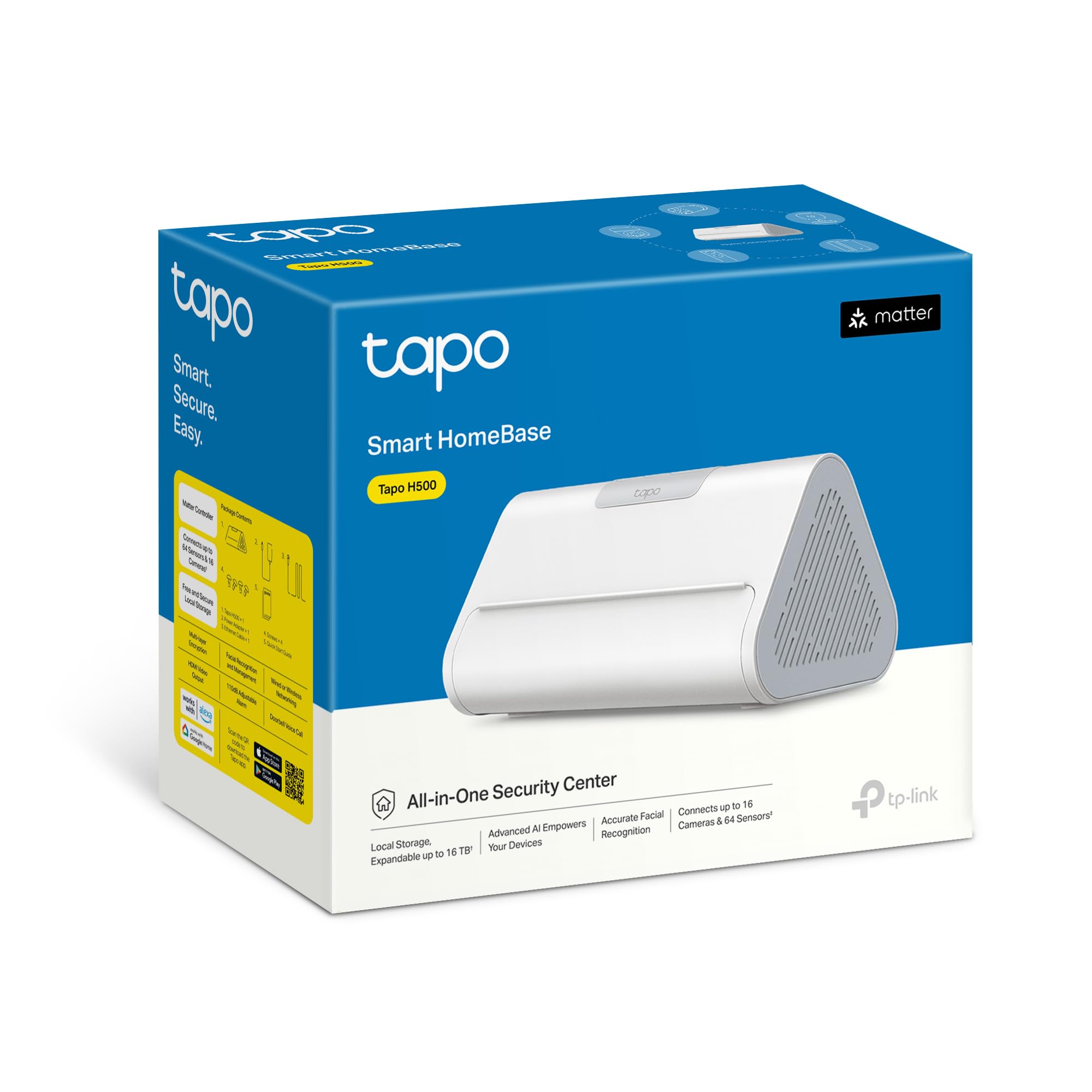 Tapo H500 CentralHub, 16GB integriert, Speicher erweiterbar auf bis zu 16TB, unterstützt 16 Kameras & 64 Sensoren, lokaler Speicher, HDMI, 5 GHz WLAN/Ethernet, integrierter Alarm, Matter