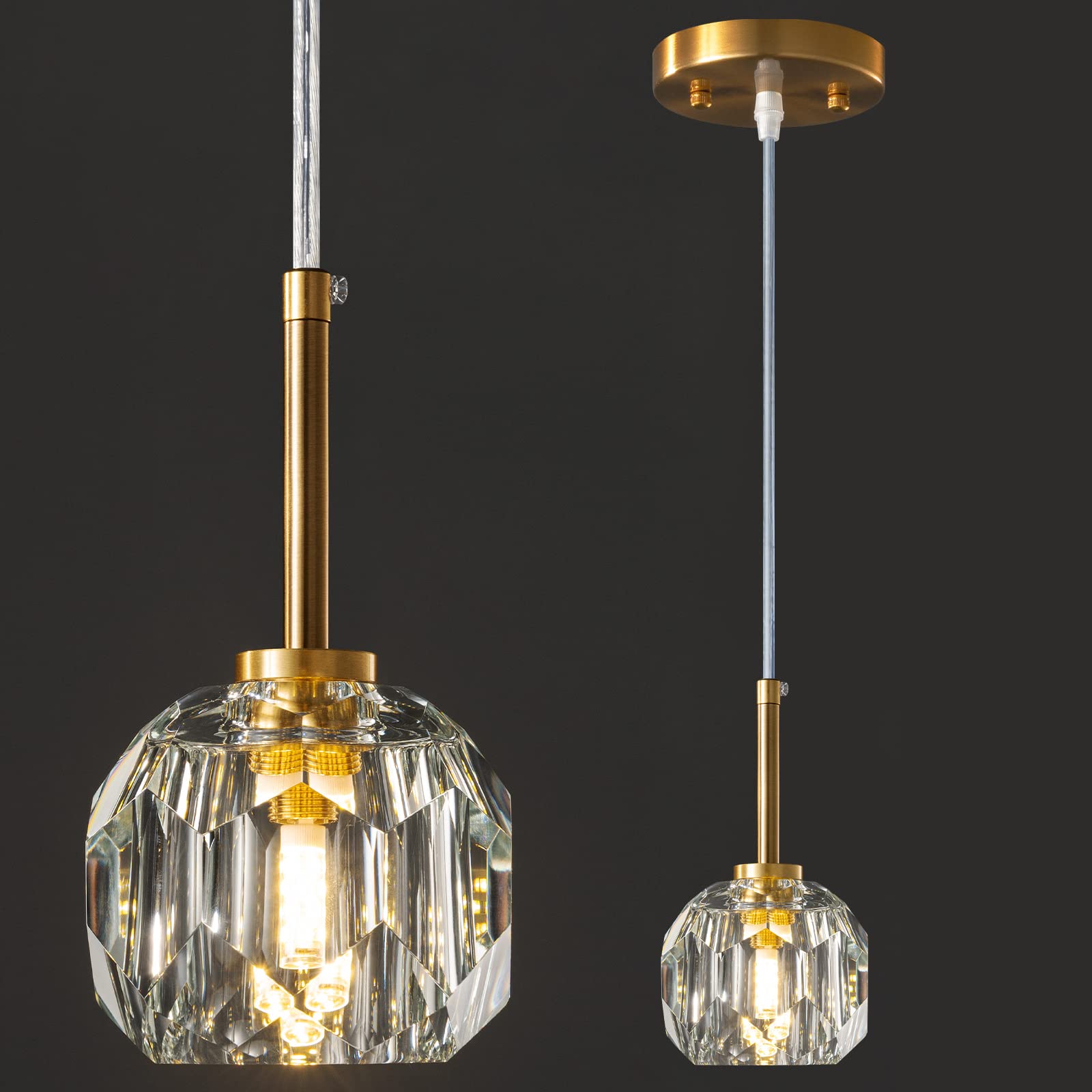 LMQNINE Gold Pendant Light Modern Kitchen Island Pendant Light Mini Crystal Chandeliers,Adjustable Pendant Lighting for Kitchen Island Dinning Room Bedroom (1-Pack)