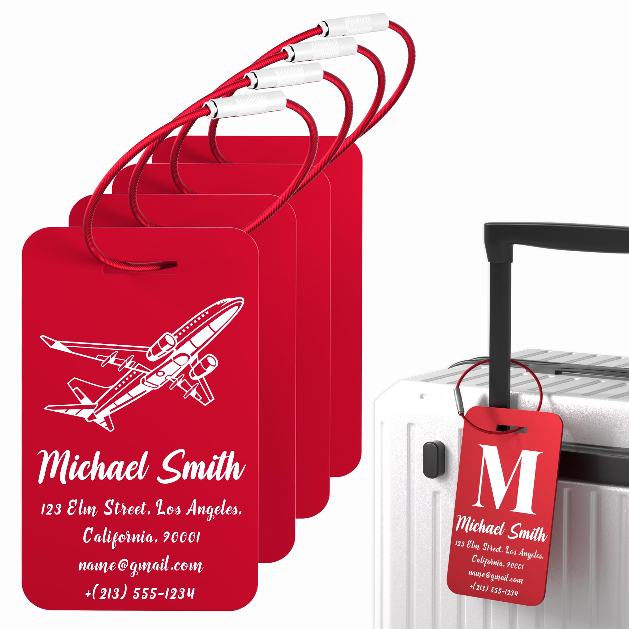 Mayertoung 4 PCS Custom Engraved Aluminum Luggage Tags Red Large