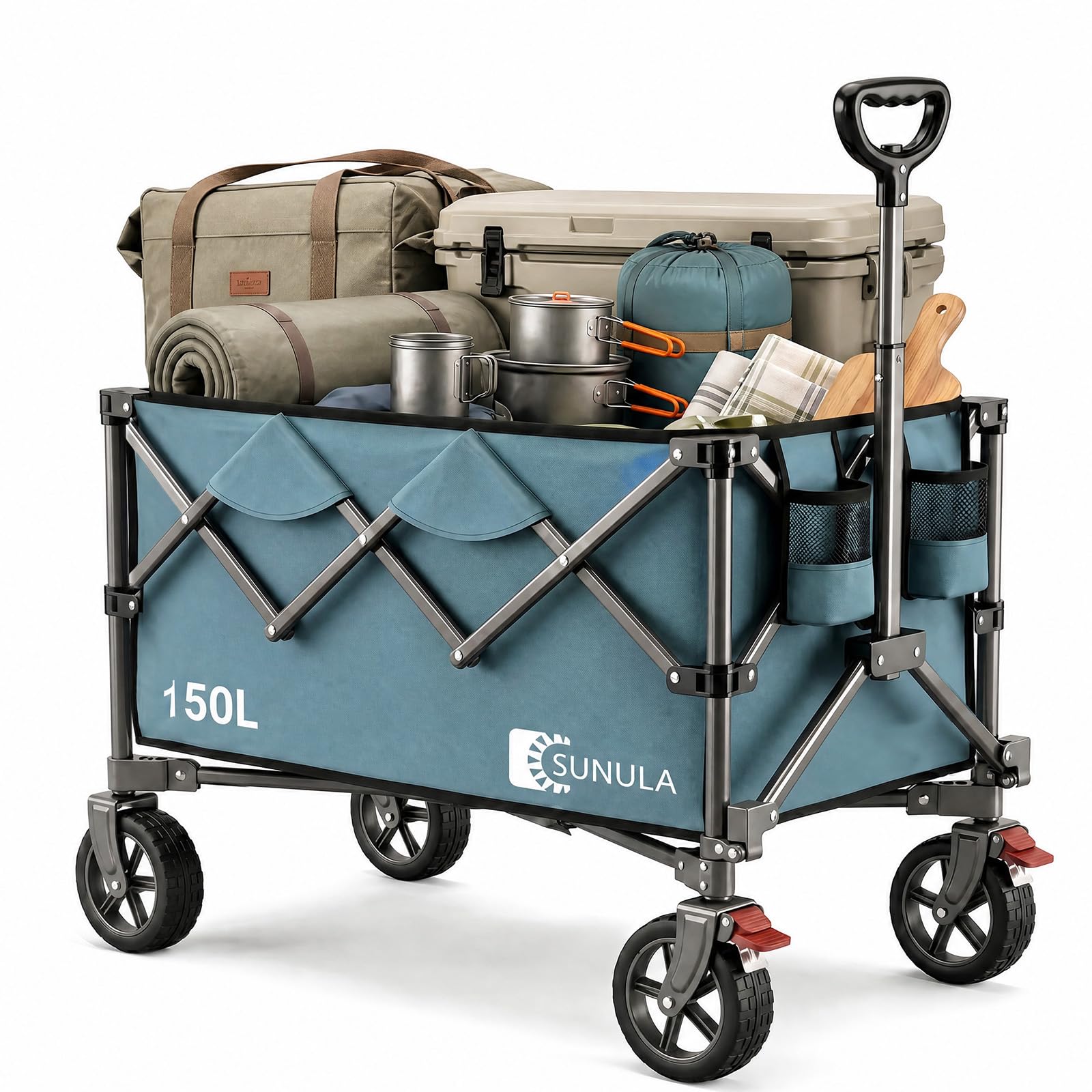SUNULA Bollerwagen Faltbar 150L 120KG, Handwagen Geländegängig mit Bremsen | Klappbarer Handwagen mit Ein-Klick-Handgriff & 4-seitig zusammenfaltbar, ideal für Einkauf, Camping, Garten, Blau