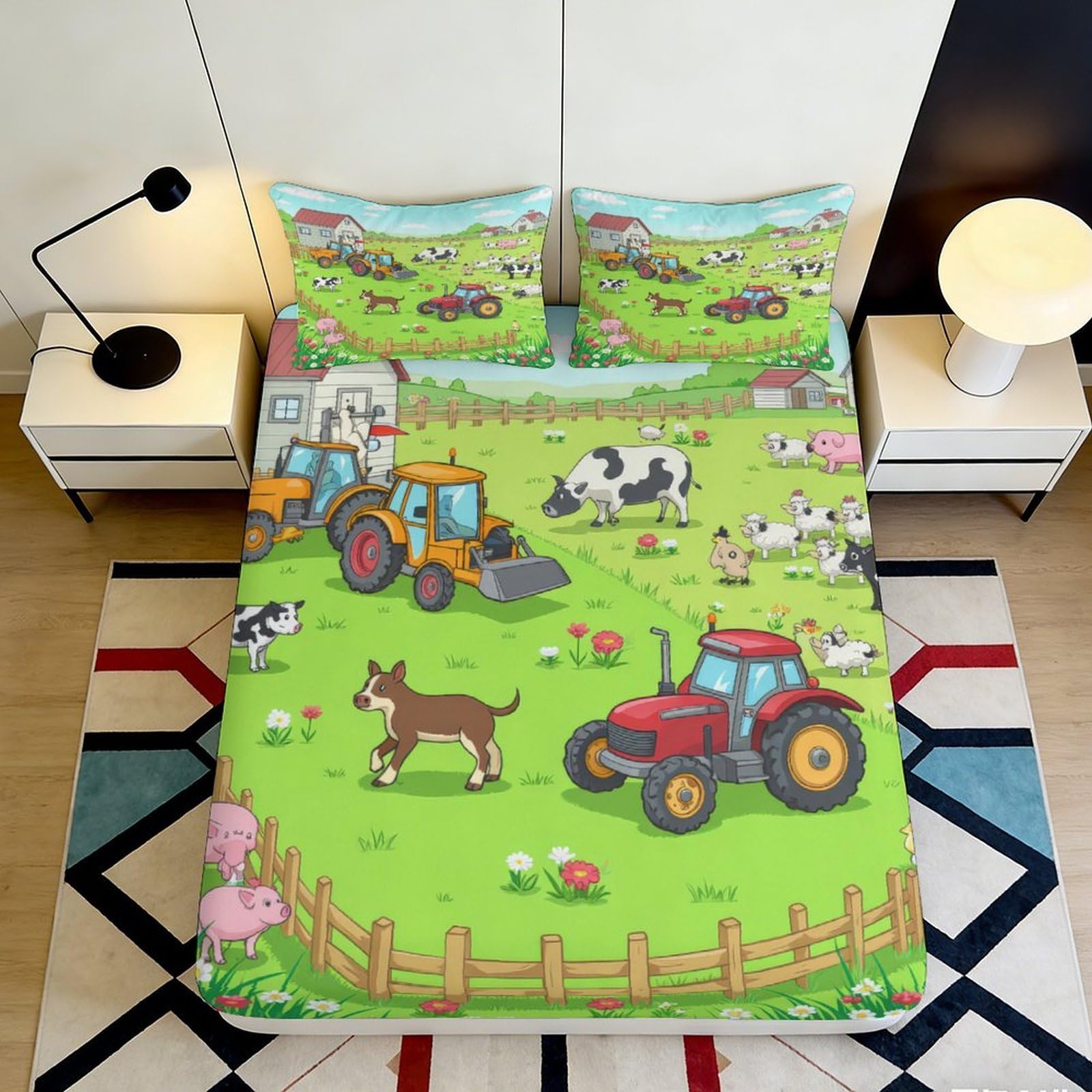 3D Printed Farm Tractor Fitted Sheet Microfiber Cartoon Animal Mattress Cover for Bedroom Guest Room Dormitory 140x200x25cm