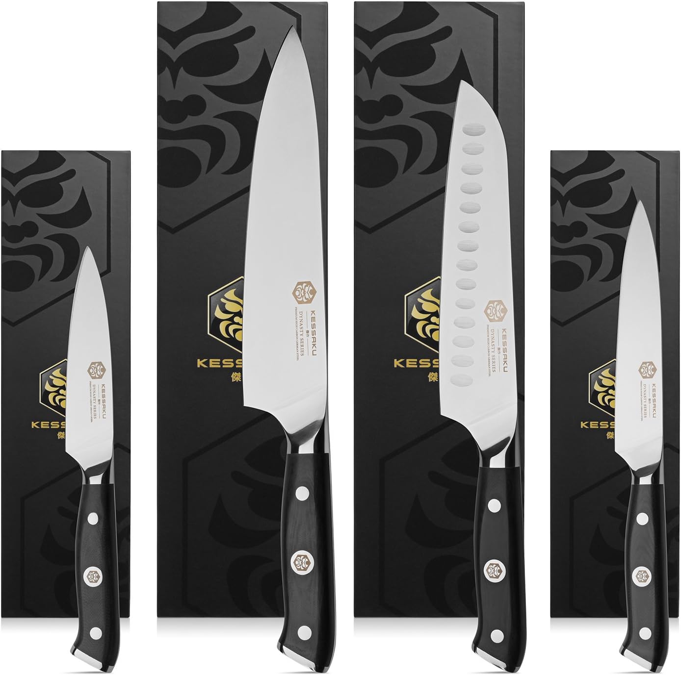 KESSAKU 4 Knife Set - Dynasty Series - Forged ThyssenKrupp German High Carbon Steel - 8-Inch Chef, 7-Inch Santoku, 5-Inch Utility, 3.5-Inch Paring