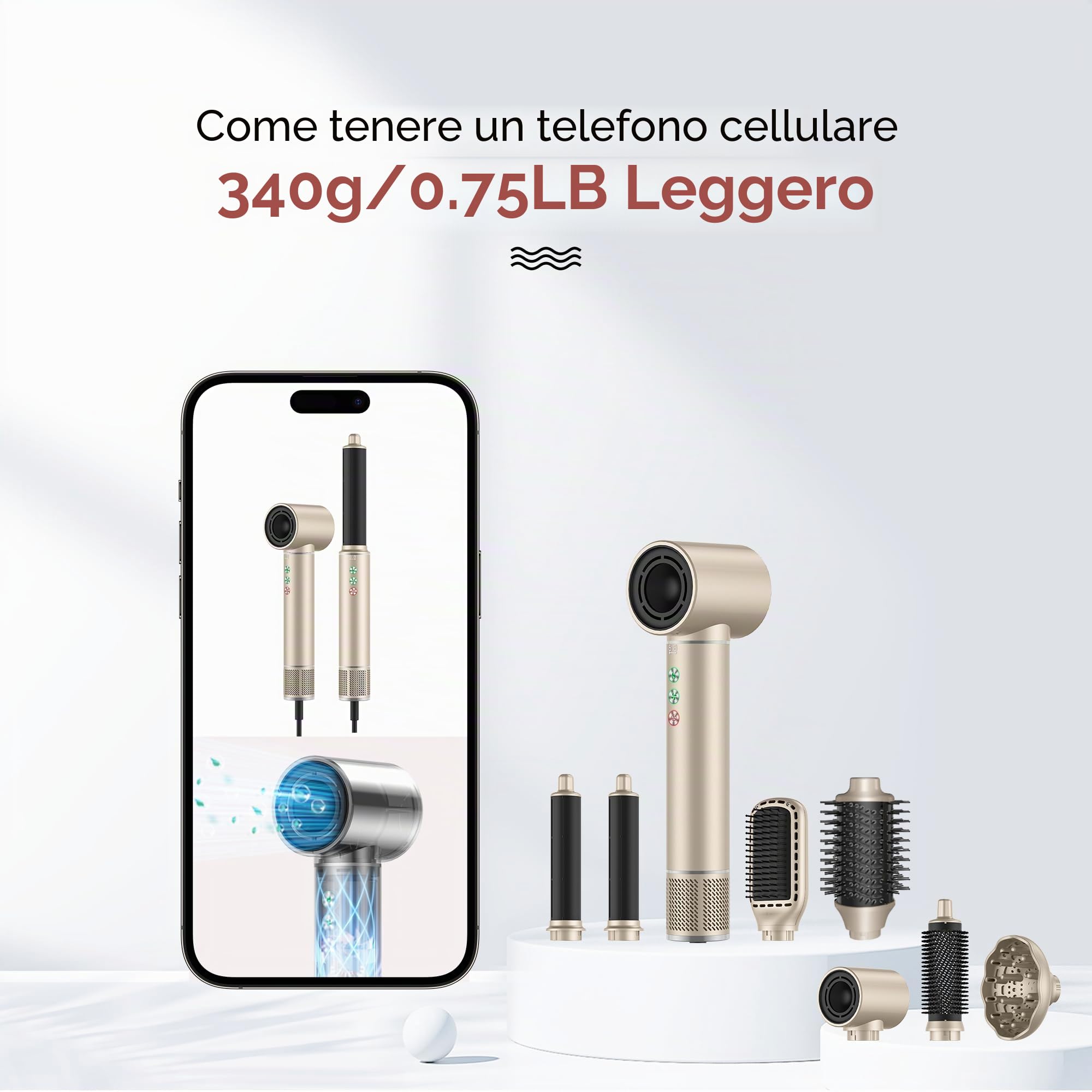 MogaWave Air Styler 7 in 1 Hair Styler, Asciugacapelli 110000 RPM 20m/s, Asciugacapelli Styler con Hairstyler, Arricciacapelli ad aria, Spazzola Lisciante, Styler Capelli, Leggero e Silenzioso
