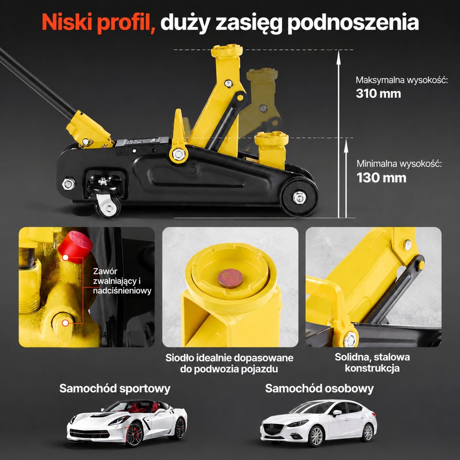 Niskoprofilowy hydrauliczny podnośnik podłogowy ze stali, 1,5 t, pompa z pojedynczym tłokiem, koła 360°, zakres podnoszenia 13-31 cm, do samochodów sportowych i sedanów, żółty czarny