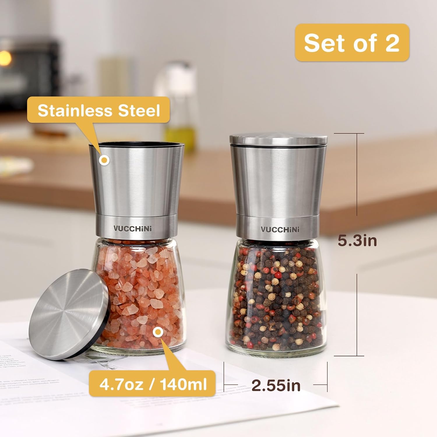 VUCCHINI Salt and Pepper Grinder Set - Adjustable Stainless Steel Spice Ceramic Grinders Mill Shaker for Kitchen Table - Stainless Steel color