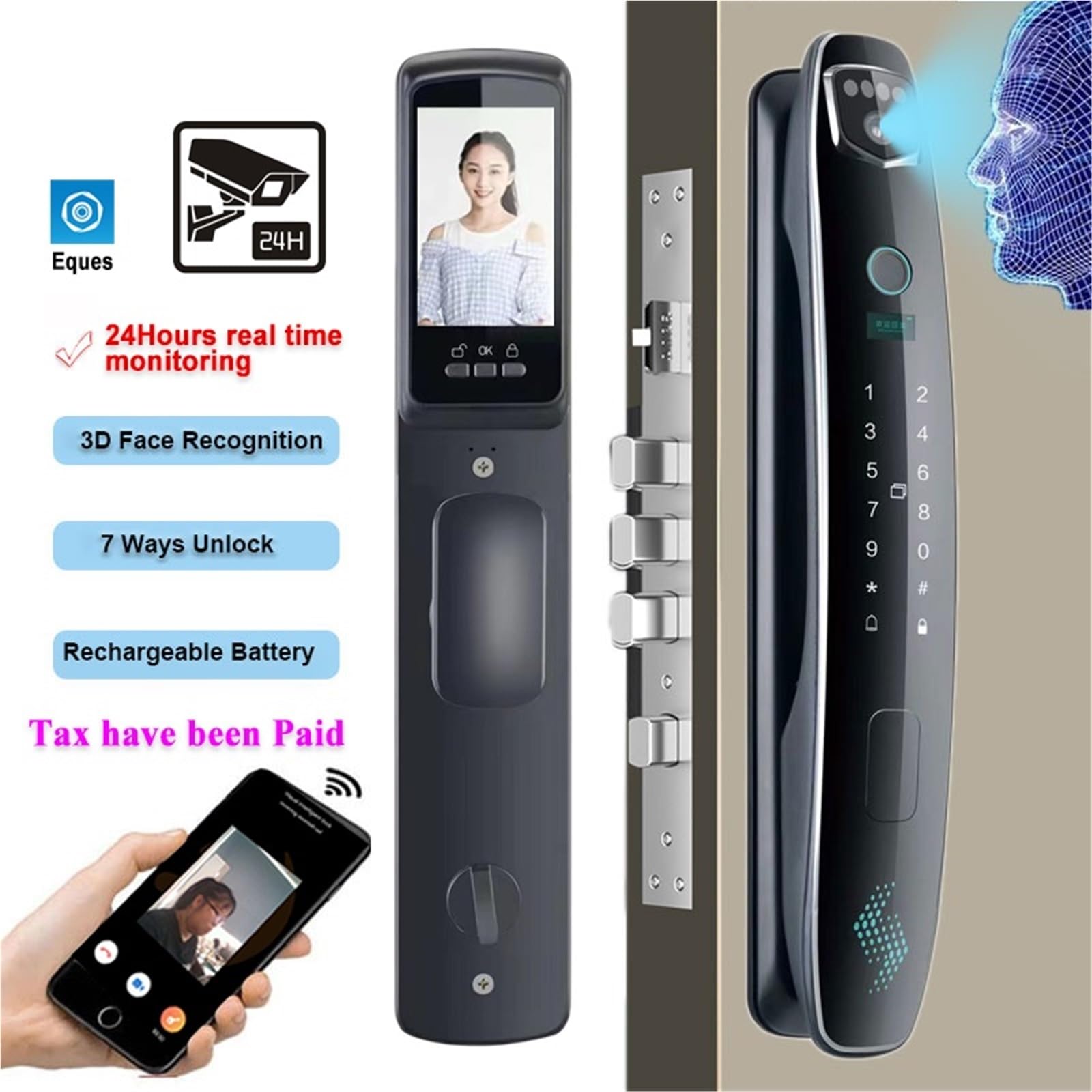 Zastosowanie do drzwi 40-80mm Inteligentny zamek Wbudowana kamera Rozpoznawanie twarzy 3D Zamek WIFI Sterowanie Blokada z użyciem linii papilarnych Biuro Handlowe(24 260Mortise)