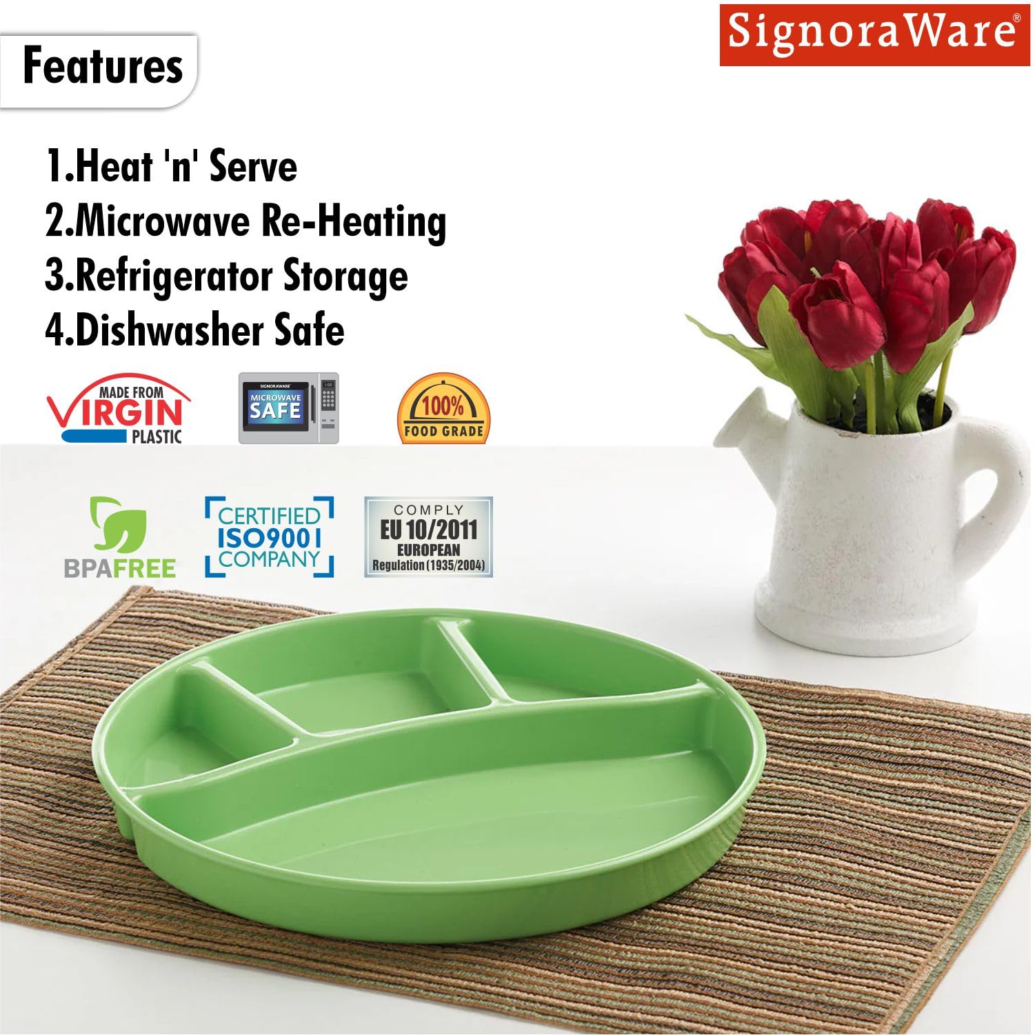 Signoraware Round Serving Thali Set, Set of 3, Parrot Green - Image 4 thumbnail